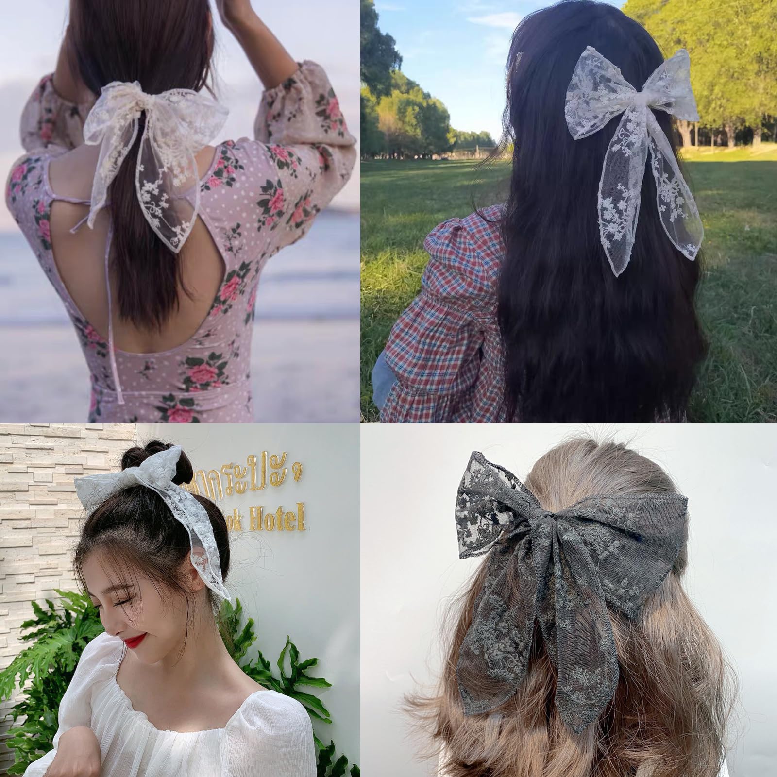 2PCS Large Lace Hair Bow Clips for Women & Girls - Elegant Translucent Mesh Drape Bow Barrettes Hair Accessories (Black+White) - Perfect for Weddings, Parties & Daily Fashion Styling