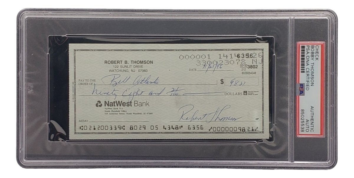 Authentic Bobby Thomson New York Giants Signed Bank Check with PSA/DNA Certification 85025538 - Perfect for Sports Memorabilia Collectors and Baseball Fans