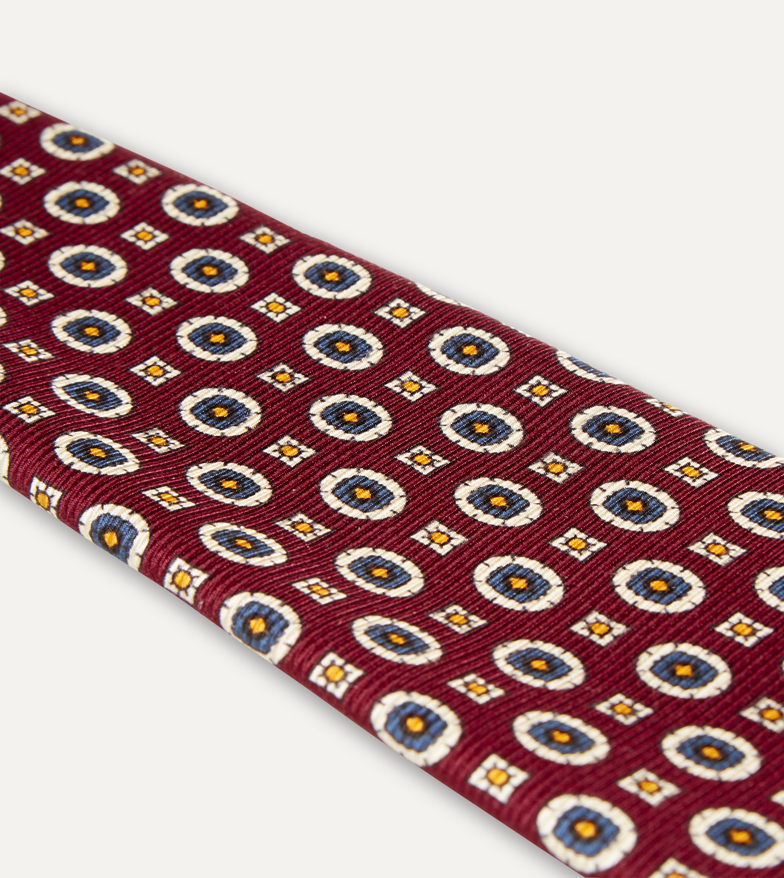 Elegant Red and Blue Geometric Medallion Print Silk Foulard Tie for Men | Premium Necktie for Business, Weddings & Formal Occasions