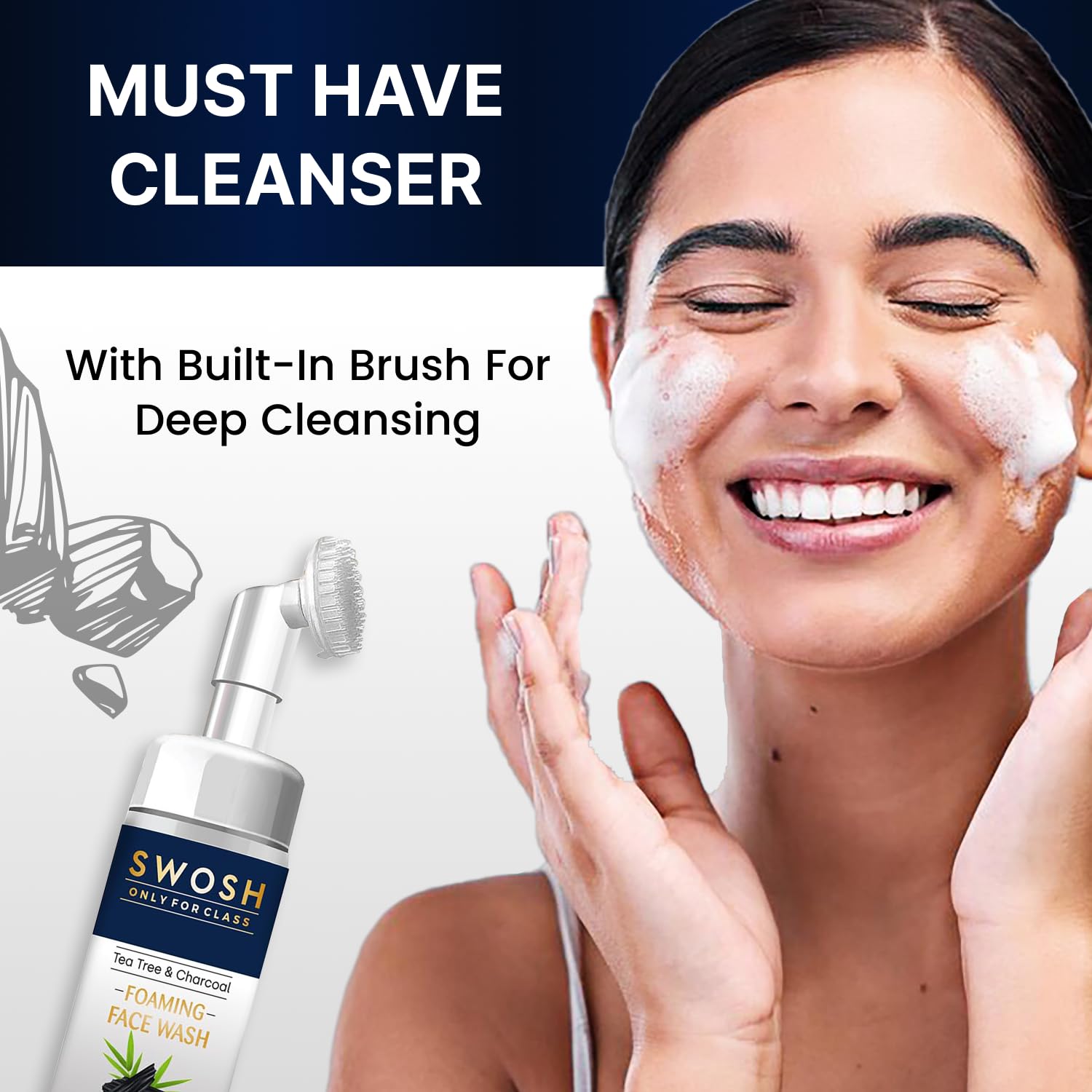 Swosh Activated Charcoal & Tea Tree Oil Face Wash 100ml with Built-in Silicone Brush | Deep Cleansing, Oil Control for Normal to Oily Skin - Gentle Exfoliating Facial Cleanser for Women & Men | Perfect for Daily Skincare Routine and Acne-Prone Skin