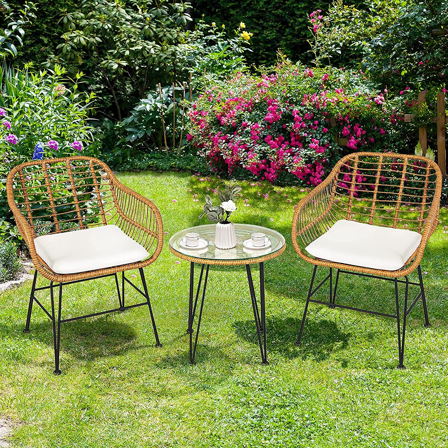 Topment 2-Piece Bistro Set with Rattan Chairs & Tempered Glass Table - Outdoor Patio Furniture with Removable Washable Beige Cushions - Perfect for Cafe, Balcony, Poolside, Garden, and Indoor Use (Pale Brown)