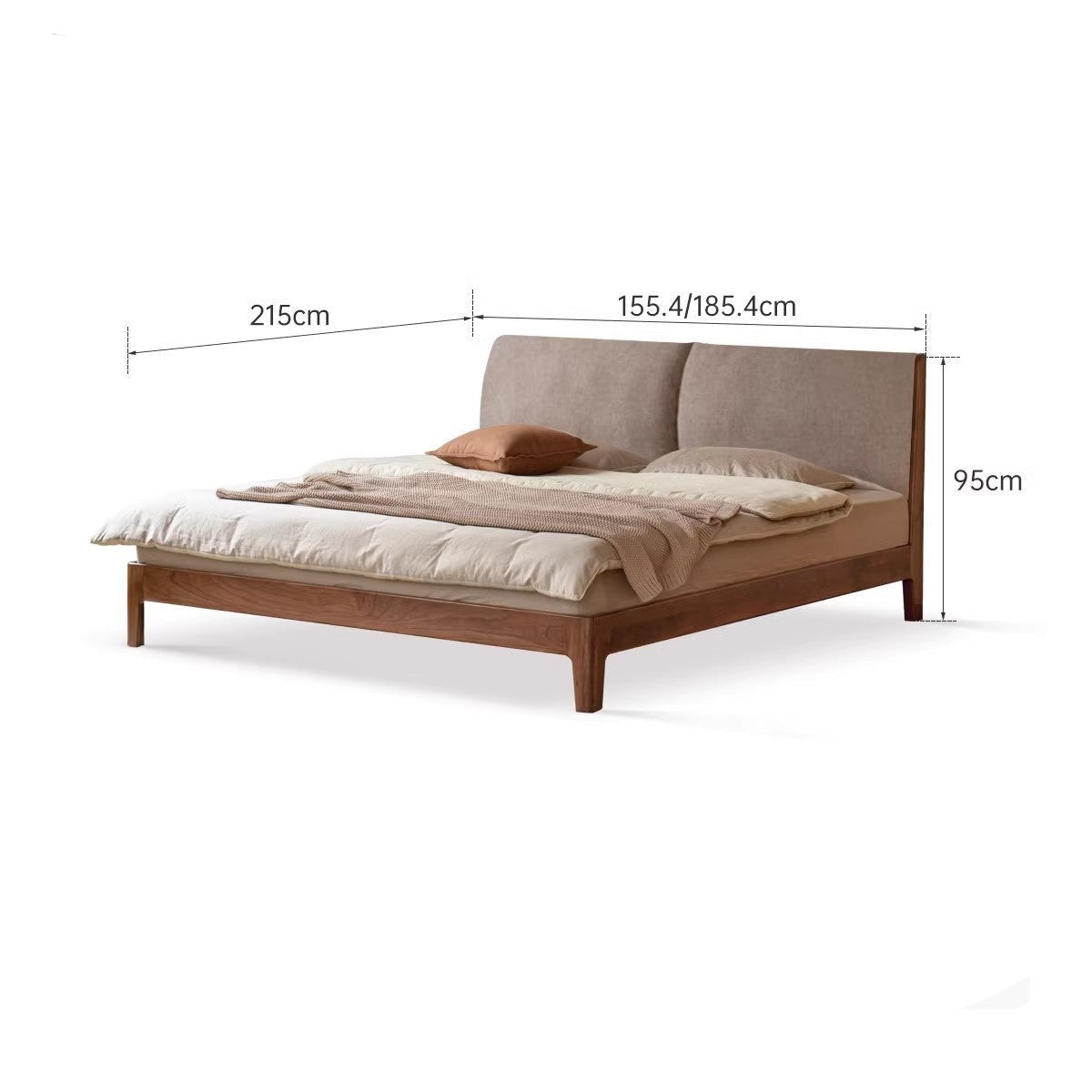 Solid Oak and Black Walnut Wood Fabric Soft Bed - Premium Handcrafted Wooden Bed Frame for Bedroom, Durable and Stylish Home Furniture for Master Bedroom, Guest Room, or Kids Room