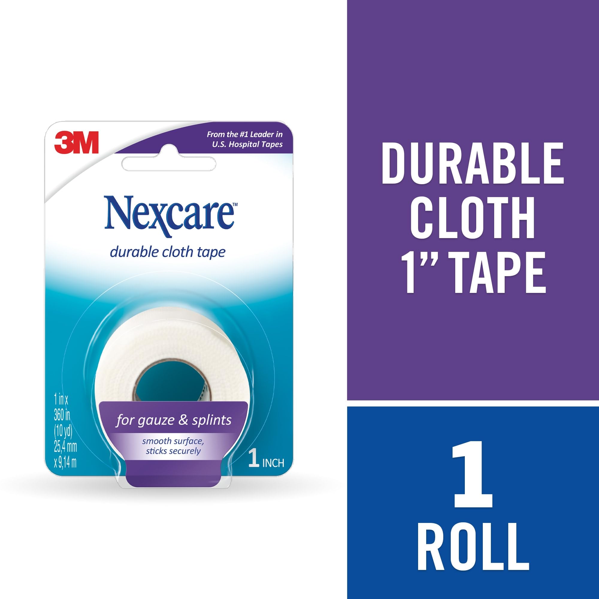 Nexcare Durable Cloth Tape 1 Inch x 10 Yards - Waterproof First Aid Tape for Wound Care, Sports Injuries & Bandage Securing