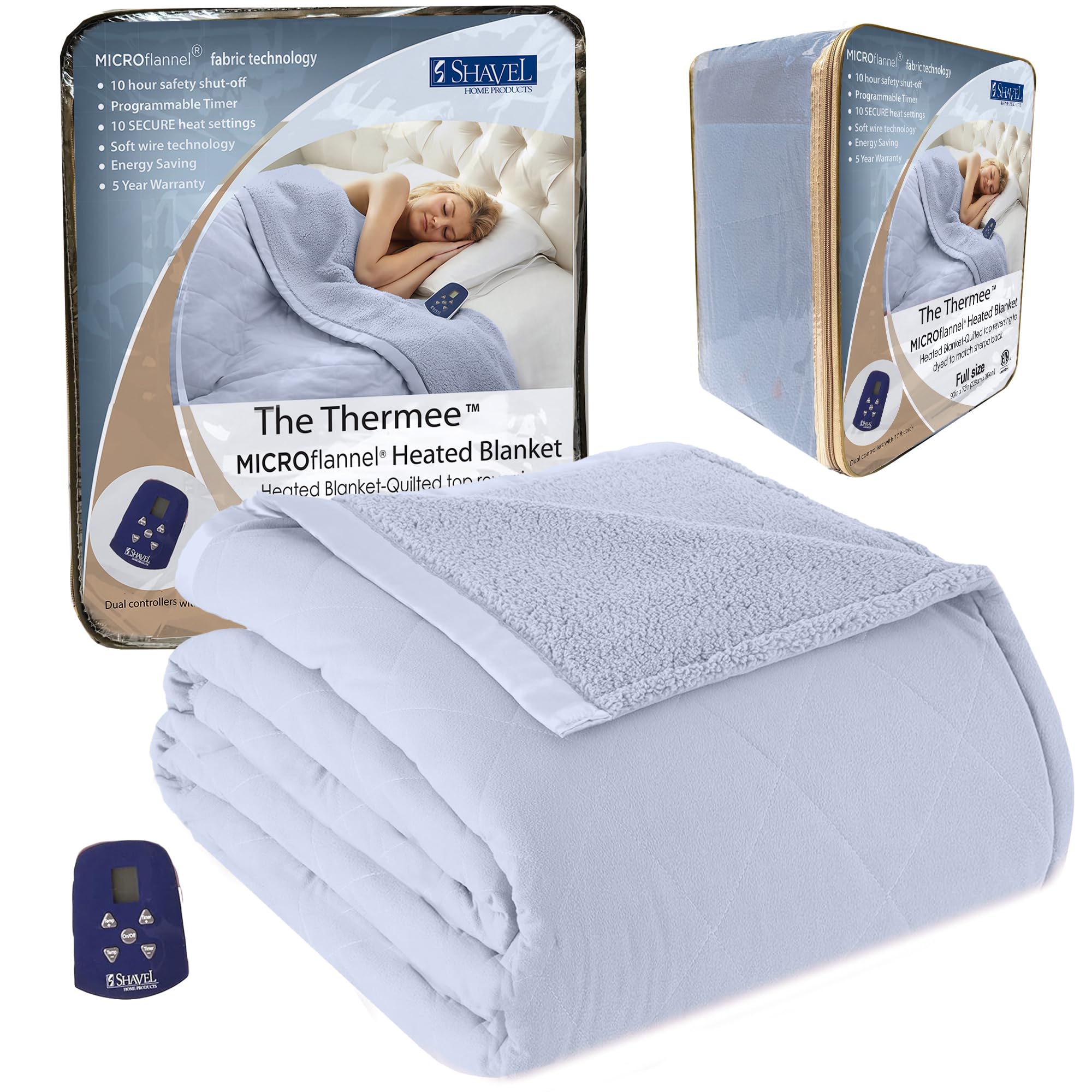 Thermee Micro Flannel Heated Blanket with Sherpa Back - 10 Heat Settings Electric Blanket for Twin Bed, Programmable Warming Throw, Ultra-Soft Fast Heating Thermal Blanket (Blue) - Perfect for Cold Nights, Winter Bedding & Cozy Home Comfort