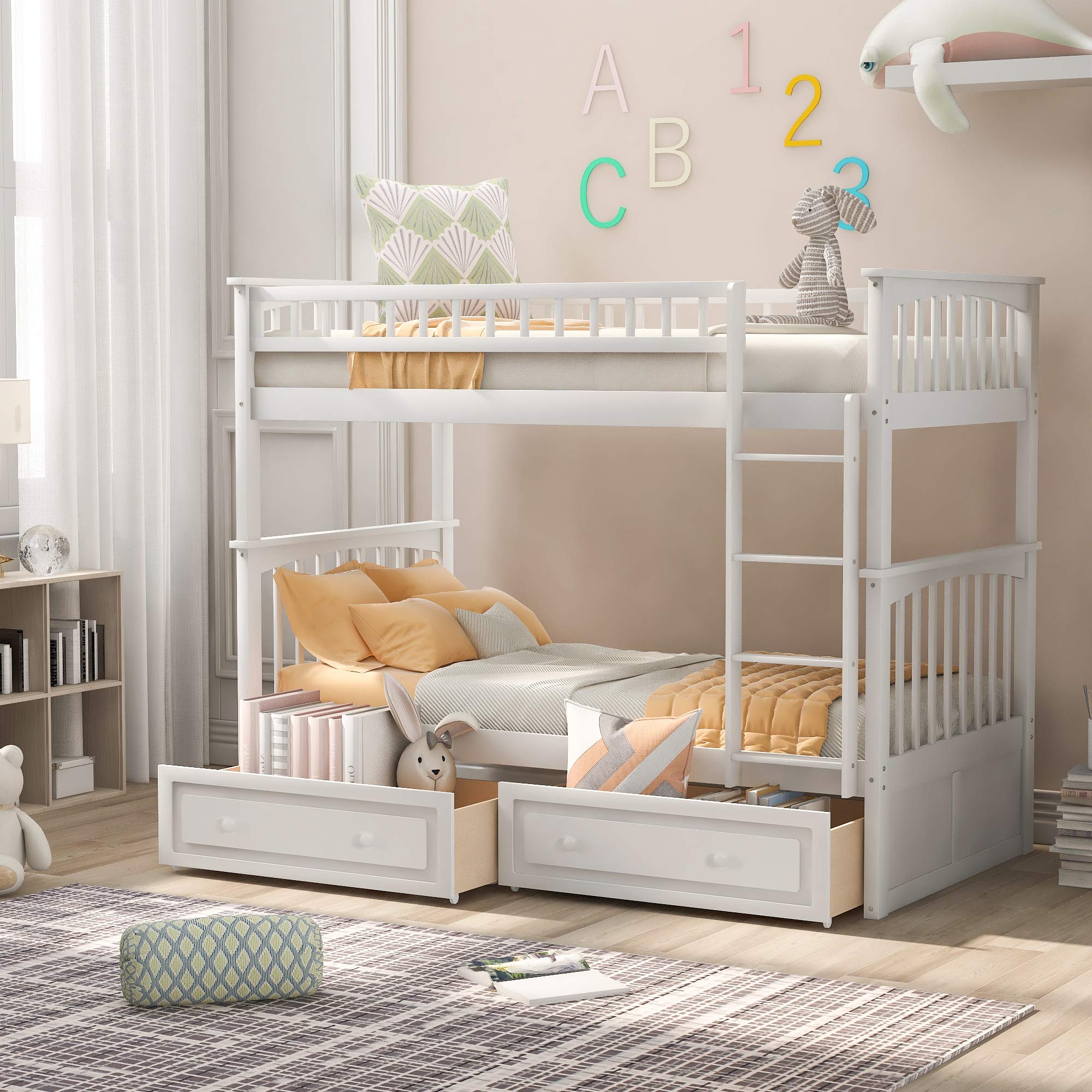 **Solid Wood Bunk Bed with Storage Drawers & Ladder - Twin Size, White - Space-Saving Kids, Teens & Adults Bed for Small Rooms, Dorms & Guest Rooms**