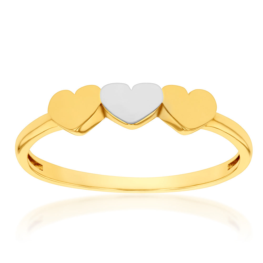 9ct Yellow and White Gold Triple Heart Two-Tone Ring - Elegant Jewelry for Anniversaries, Engagements, and Special Occasions