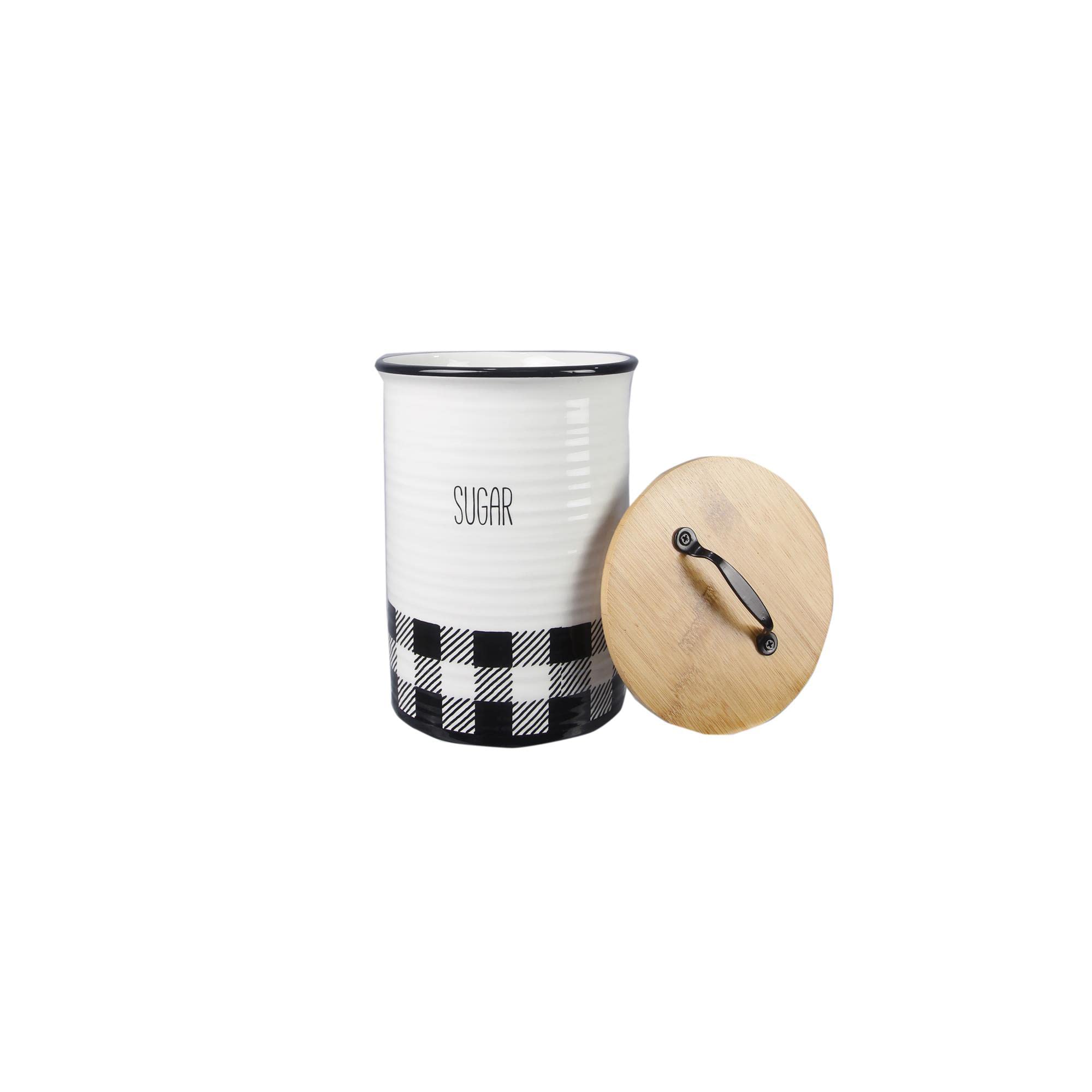 Young's Inc. 4-Piece Ceramic Canister Set with Bamboo Lids - Airtight Kitchen & Bathroom Storage Containers for Coffee, Tea, Sugar, Flour & Spices - Perfect for Pantry Organization & Home Decor (Black & White Plaid Design)