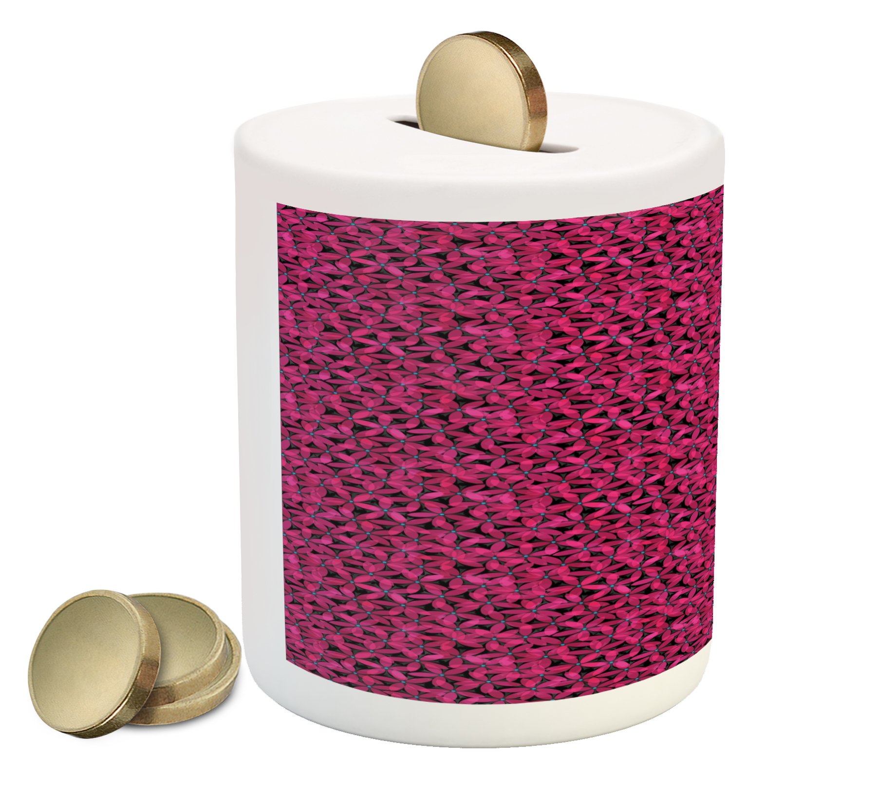Ambesonne Abstract Ceramic Piggy Bank - Romantic Blooming Flowers Design on Dark Background, Summer Illustration Coin Bank for Cash Savings (Hot Pink, Aqua, Charcoal Grey) | Perfect Gift for Birthdays, Housewarming & Money Saving Goals