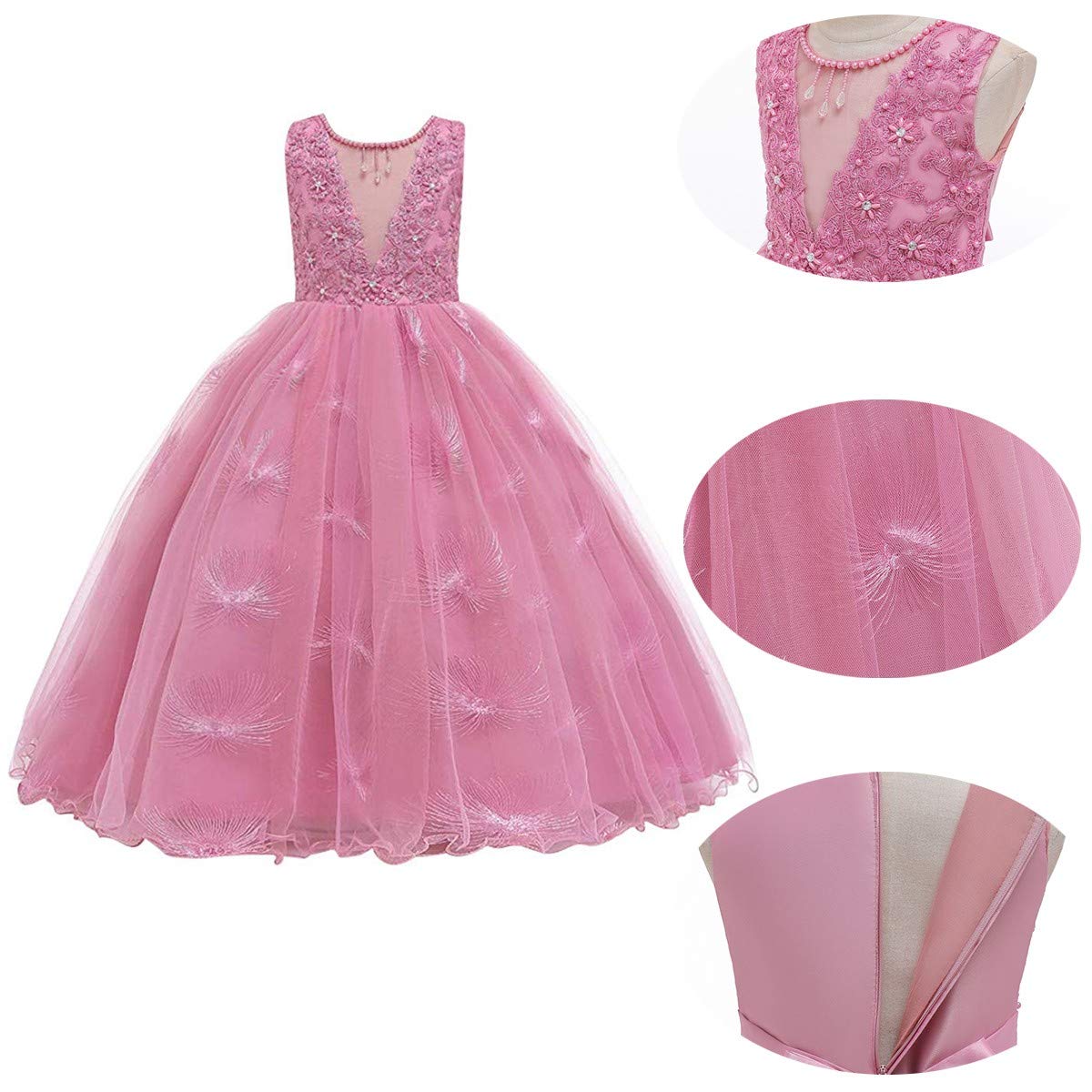 Girls Illusion V-Neck Embroidered Tulle Pageant Dress - Wedding Prom Princess Birthday Party Evening Dance Ball Gown for Pageants Quinceanera First Communion - Flower Girl Baptism Christening Special Occasion Dress