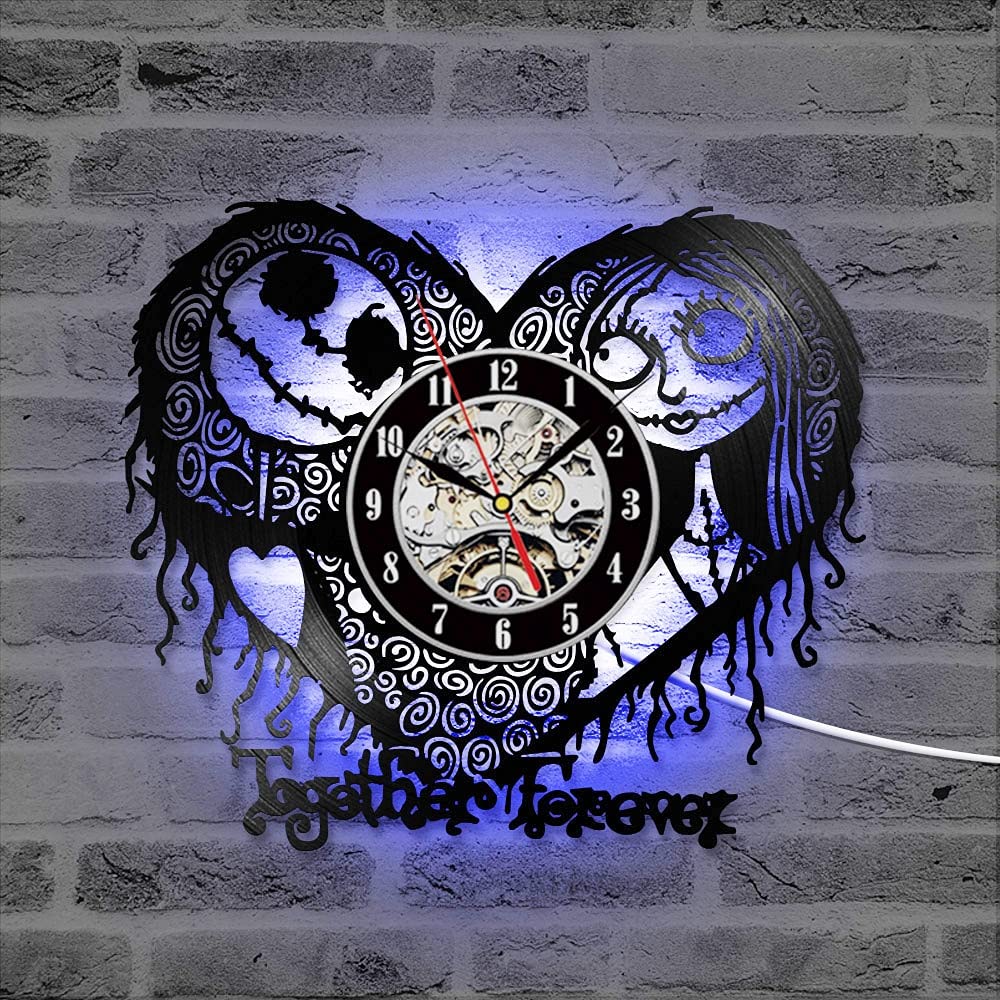 Nightmare Before Christmas Vinyl Record Wall Clock - LED Hollow Creative Antique Style CD Clock | Unique Home Decor Gift for Kids & Adults | Perfect for Bedroom, Living Room & Office Decor