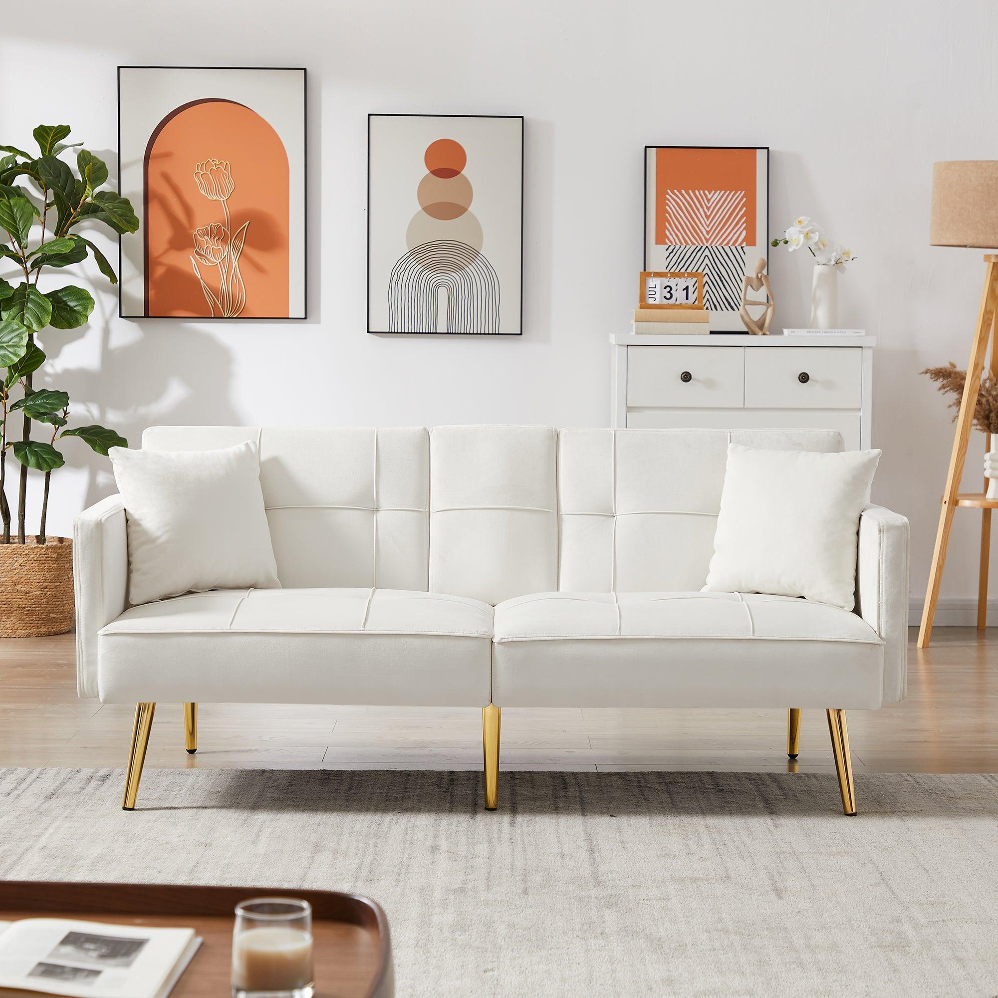 Cream White Velvet Futon Sofa Bed with Gold Metal Legs - Convertible Sleeper for Small Spaces, Living Room & Guest Room | Modern Comfort & Style