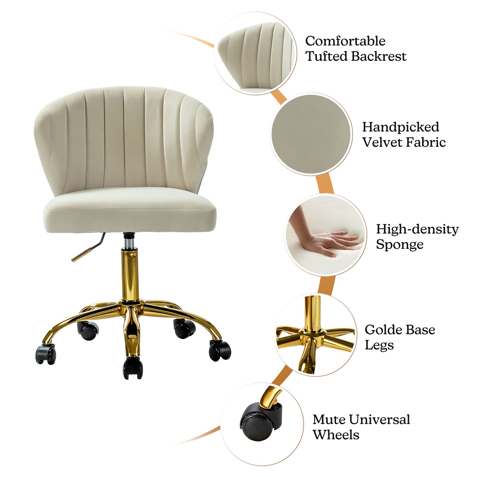 TINA'S HOME Modern Velvet Office Chair with Wheels & Gold Base - Adjustable Low Back Swivel Rolling Task Chair for Home Office, Living Room, Vanity or Study - Armless Upholstered Desk Chair in Tan | Perfect for Small Spaces, Work from Home & Makeup Stations