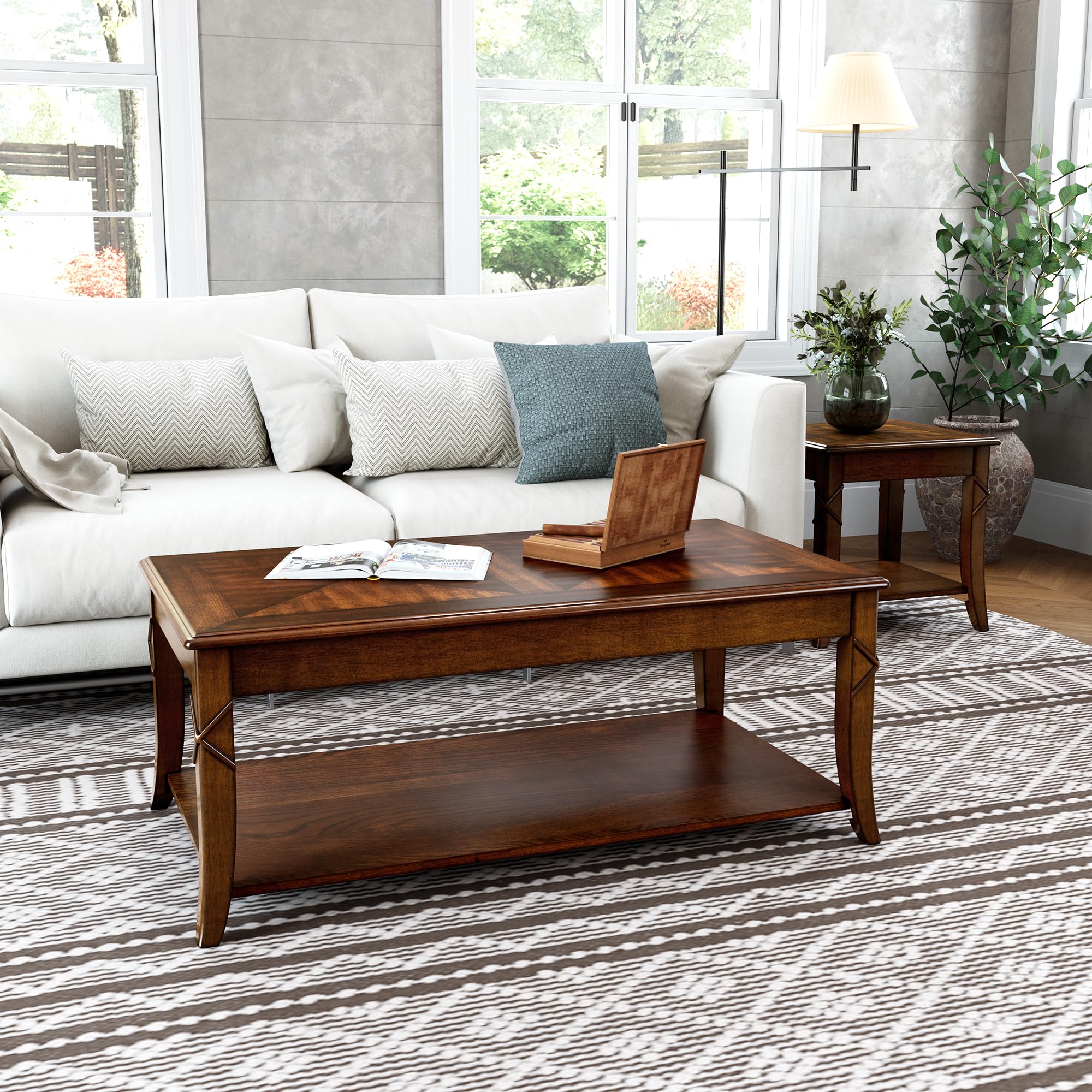 Mid-Century Modern Coffee Table Set with Storage Shelf - 2-Piece Solid Wood Living Room Furniture (Coffee Table & End Table) in Cherry Walnut Finish - Perfect for Small Spaces, Apartments and Cozy Home Decor - KFZ-DR200-2