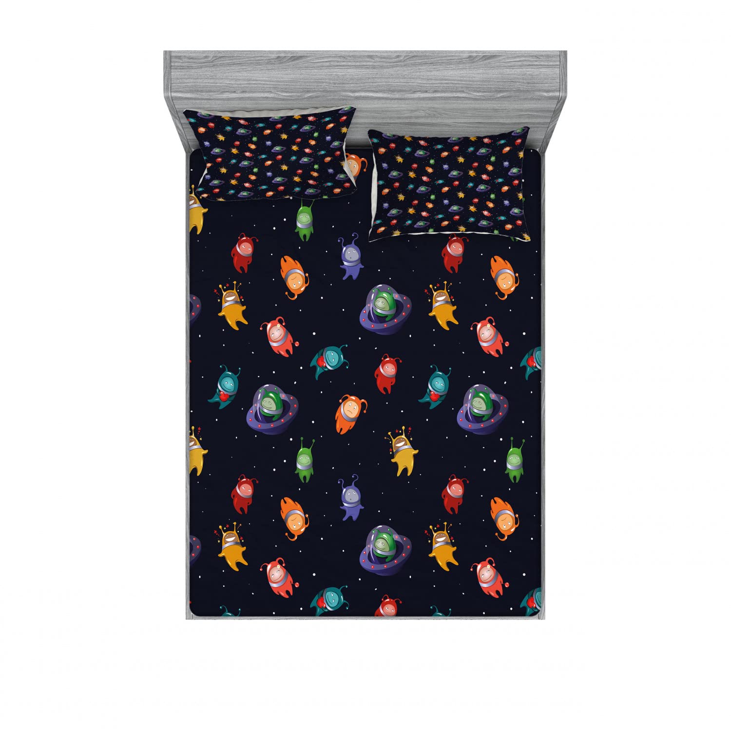 Ambesonne Space Themed 2-Pack Queen Size Fitted Sheet Set with 4 Pillow Shams - Alien Love Design, Vibrant Multicolor Bedding for Sci-Fi Fans | Perfect for Space-Themed Bedrooms, Dorm Decor, and Gift Ideas