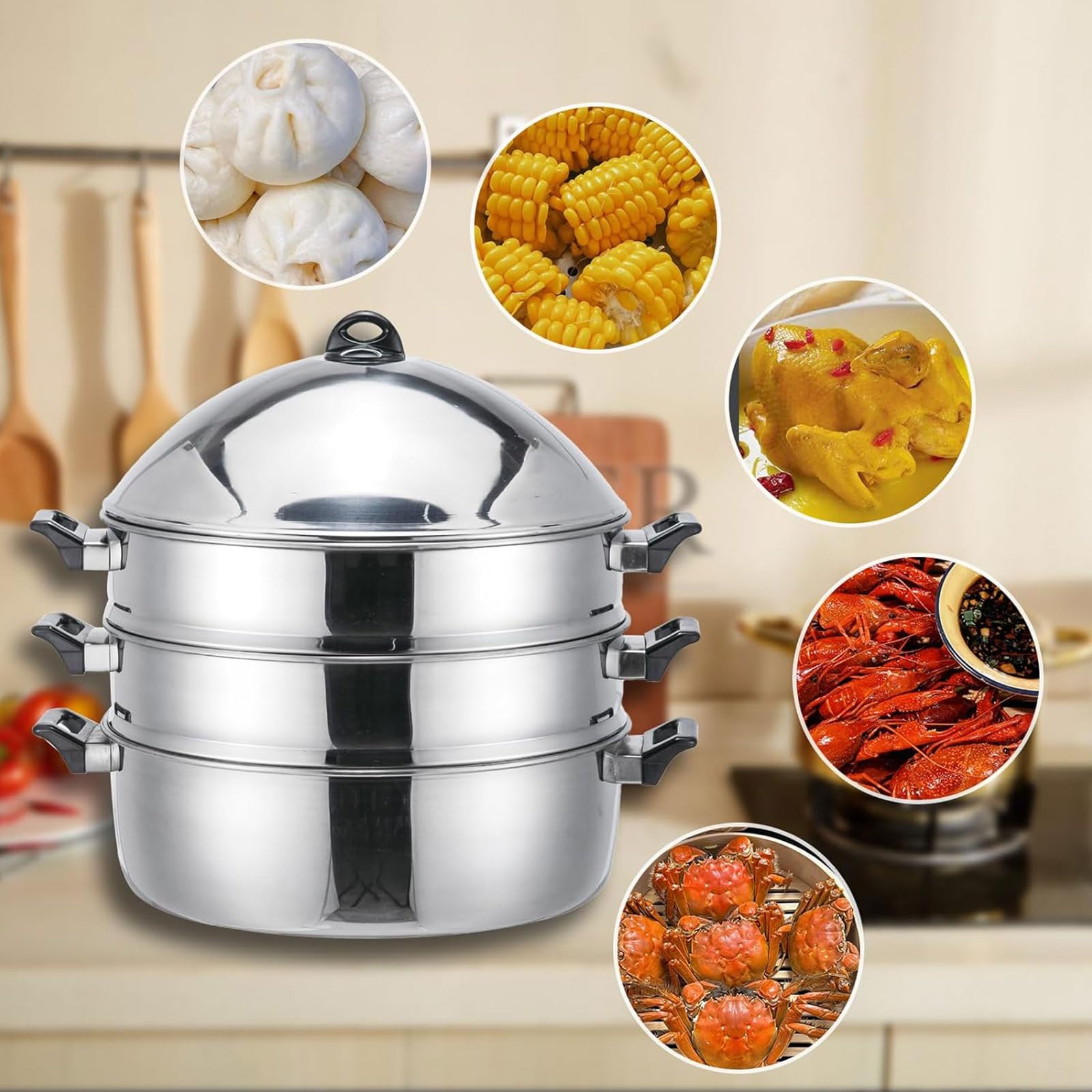 LetFeng 3-Tier Stainless Steel Steamer Pot - 21 Inch Multipurpose Cooking Steamer for Induction & Gas Stoves - Large Food Steamer with Capsule Bottom for Vegetables, Dumplings & Seafood