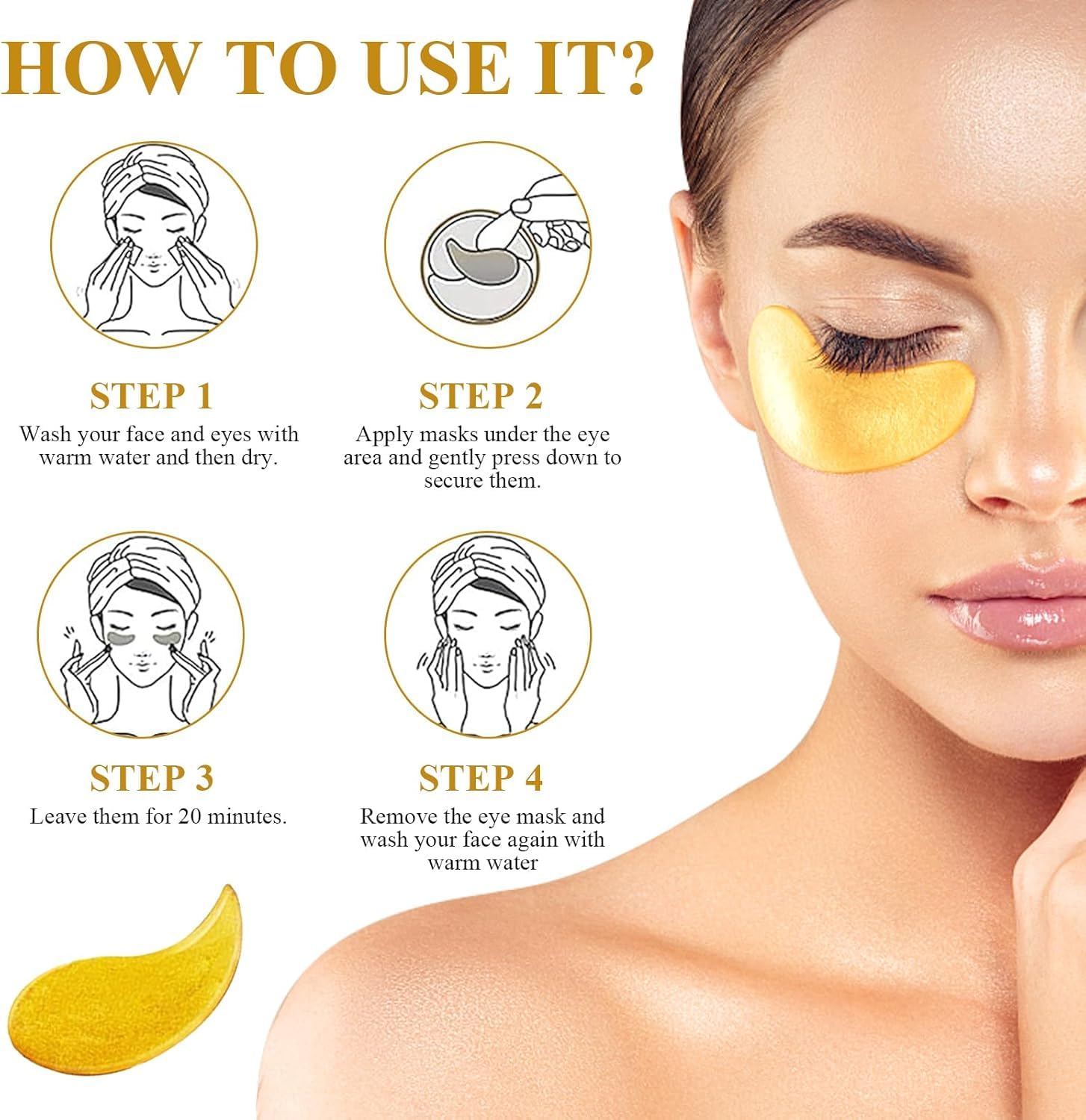 24K Gold Under Eye Patches for Dark Circles & Puffiness | 60 Pack Cooling Hydrogel Eye Mask with Collagen | Reduce Wrinkles & Refresh Tired Eyes | Perfect for Night Routine, Travel & Spa Days
