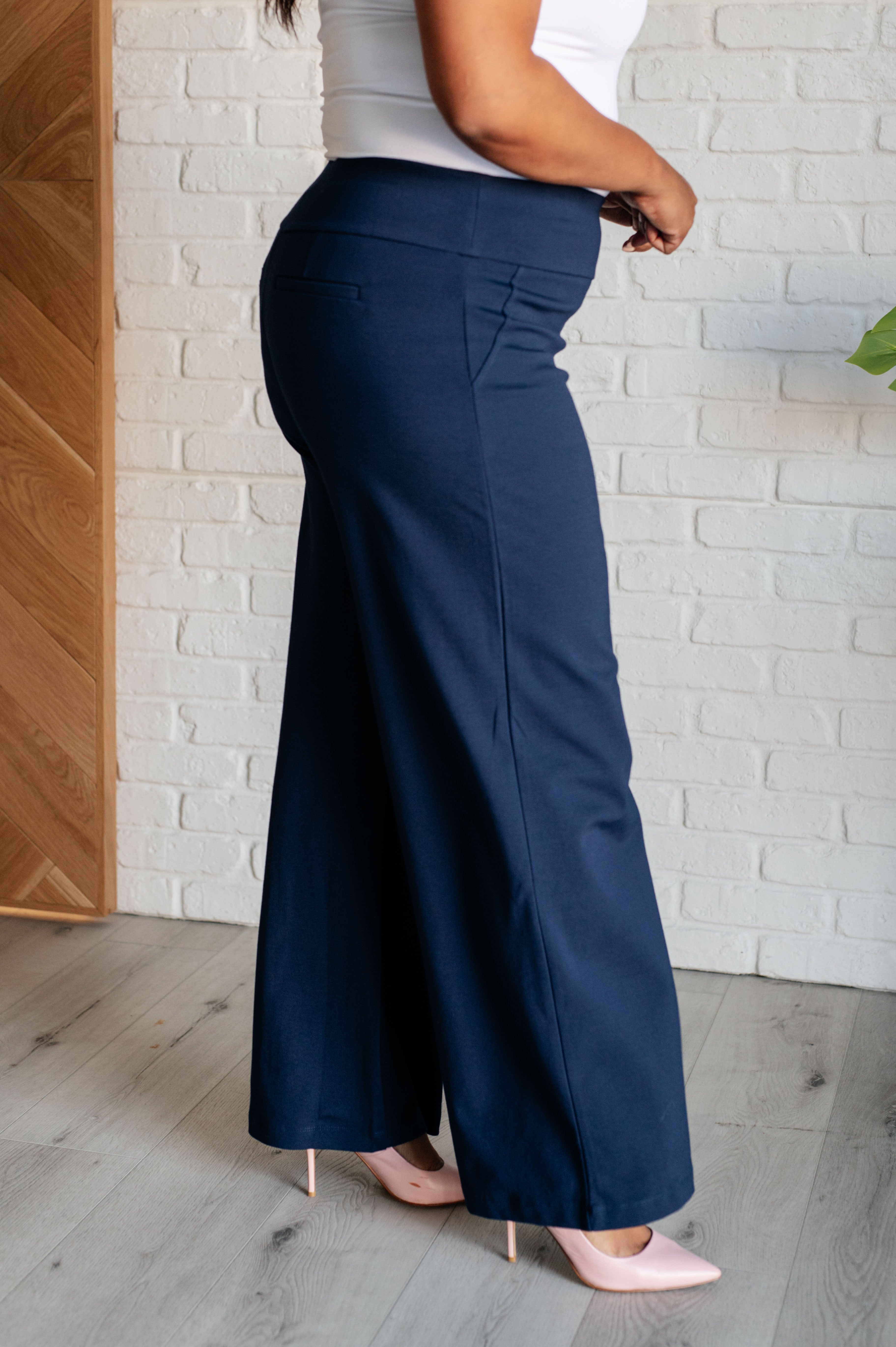 Women's Stretchy High Waist Wide Leg Pants - Navy Blue Comfortable Lounge & Work Pants for Casual Outfits & Office Wear