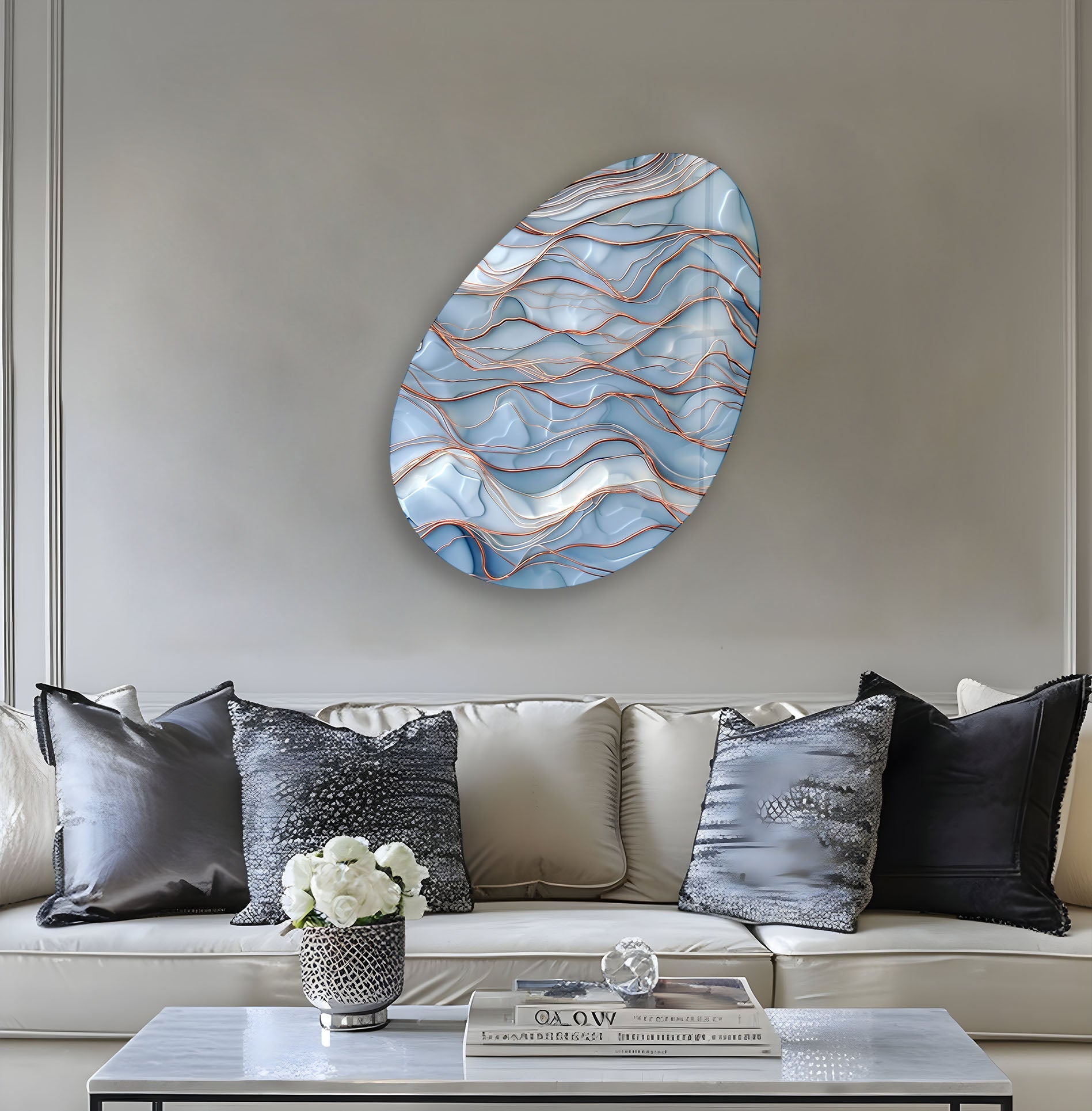 Abstract Blue Waves Oval Glass Wall Art - Modern Ocean Themed Home Decor for Living Room, Bedroom & Office