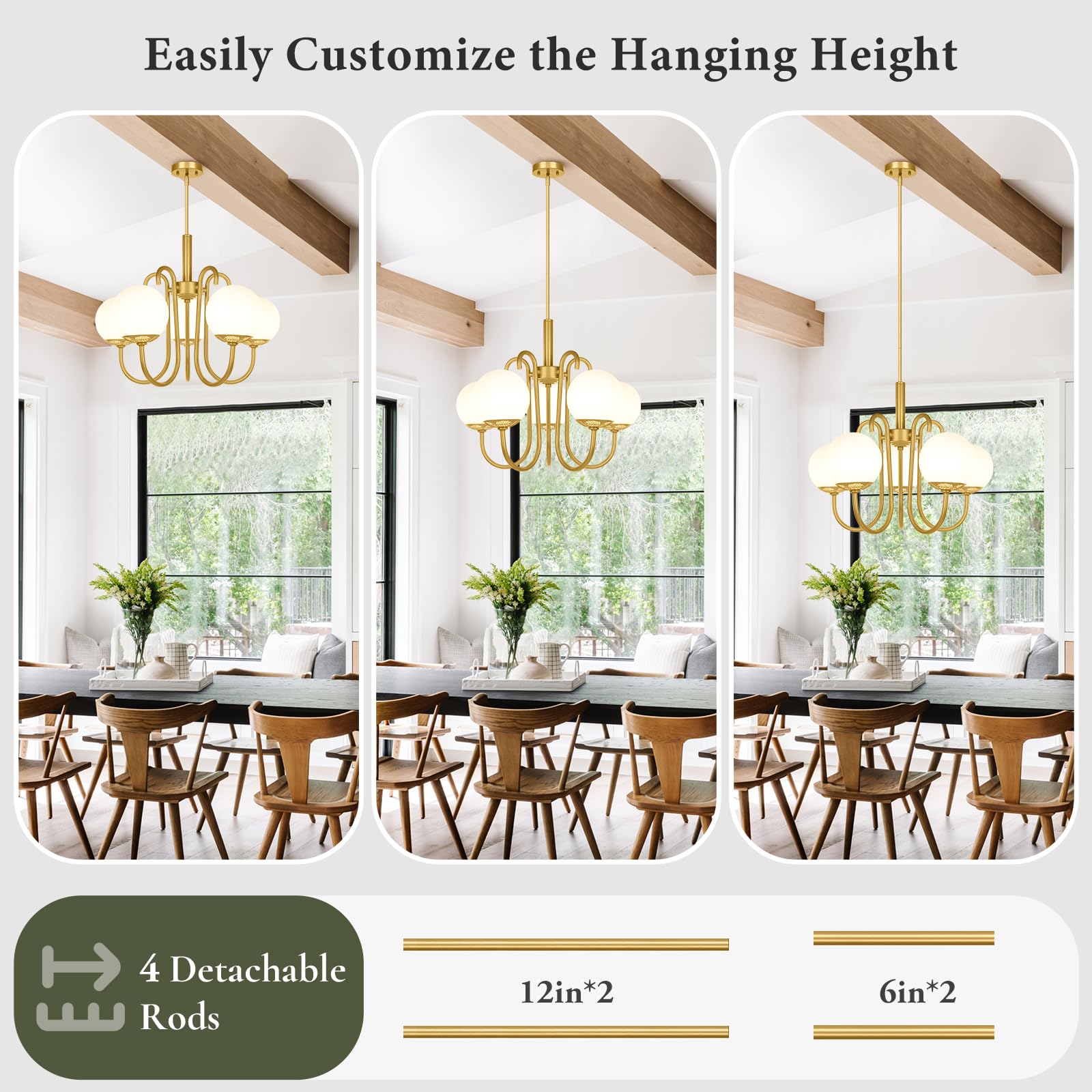 BesLowe Gold Chandelier - 5-Light Mid Century Modern Brass Chandelier for Dining Room, Kitchen Island & Living Room | Adjustable Height Globe Ceiling Light Fixture | Perfect for Entryway, Foyer & Home Decor