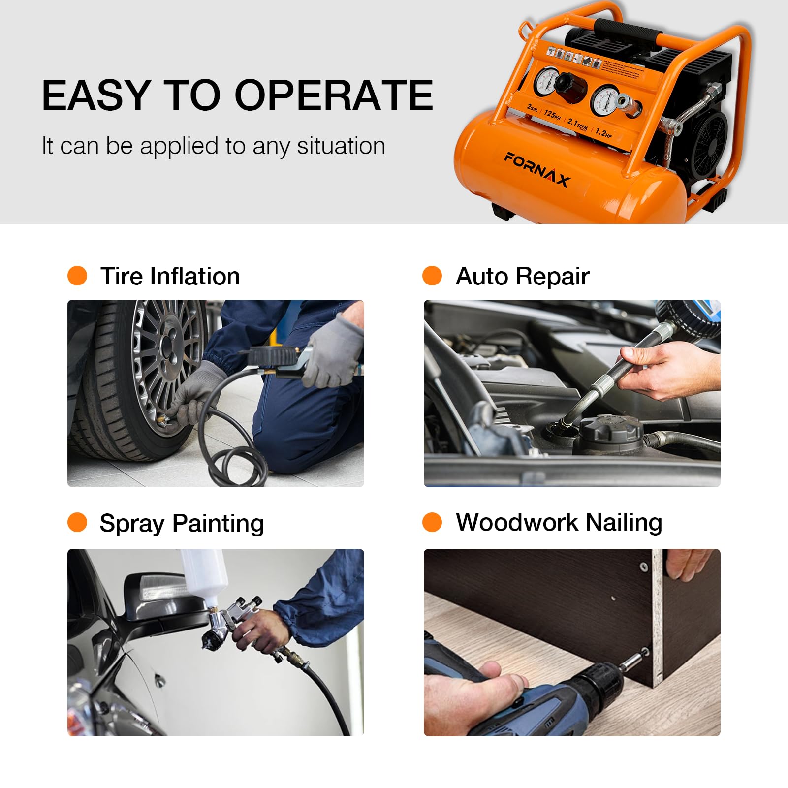 FORNAX 2 Gallon Portable Air Compressor - 1.2 HP, 2.1 SCFM @ 90 PSI, Oil-Free, 135 PSI Max Pressure, 65 dB Quiet - Perfect for Auto Repair, Tire Inflation, Airbrushing, Nailing & DIY Projects