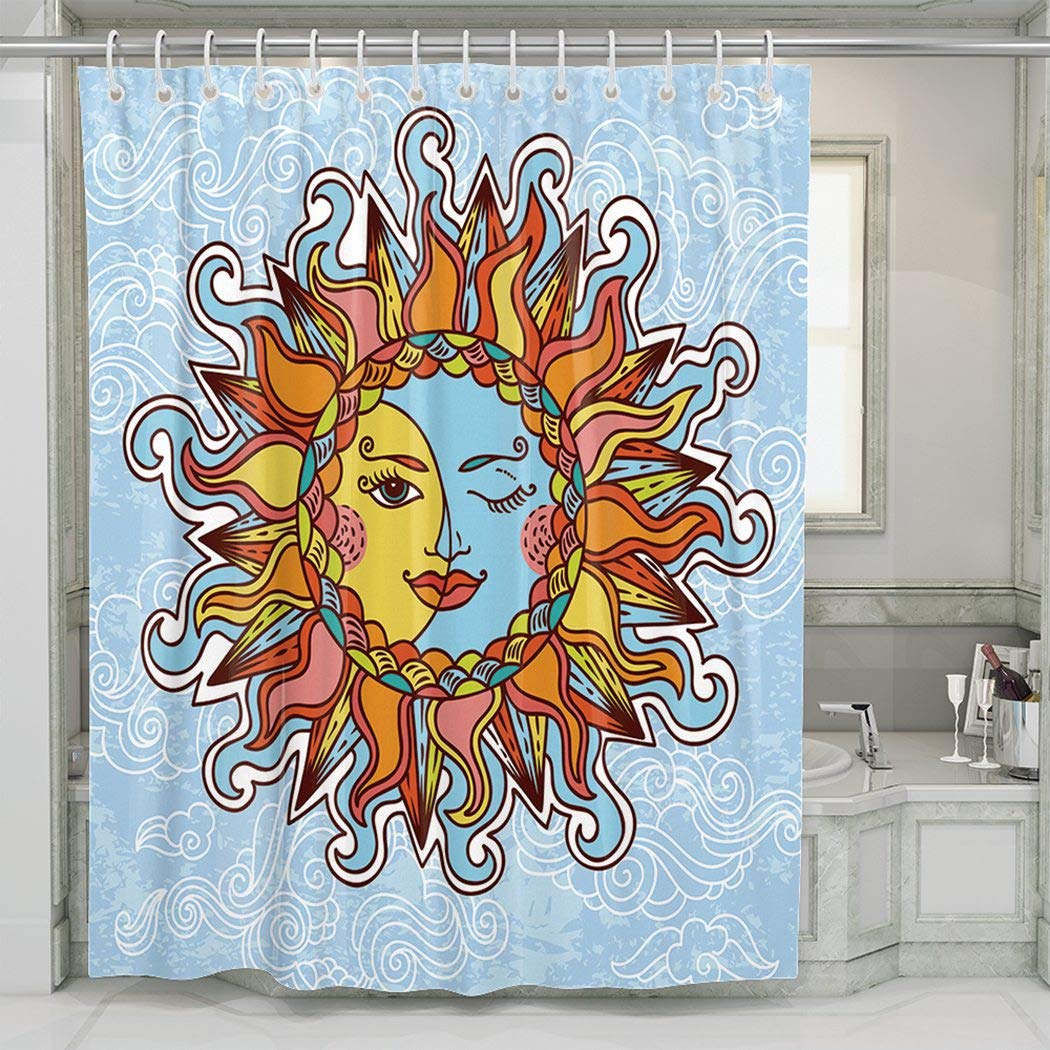 Vintage Sun and Moon Shower Curtain - Waterproof Bathroom Decor 60x72 Inches with Hooks - Perfect for Boho, Gothic & Fantasy Themed Bathrooms
