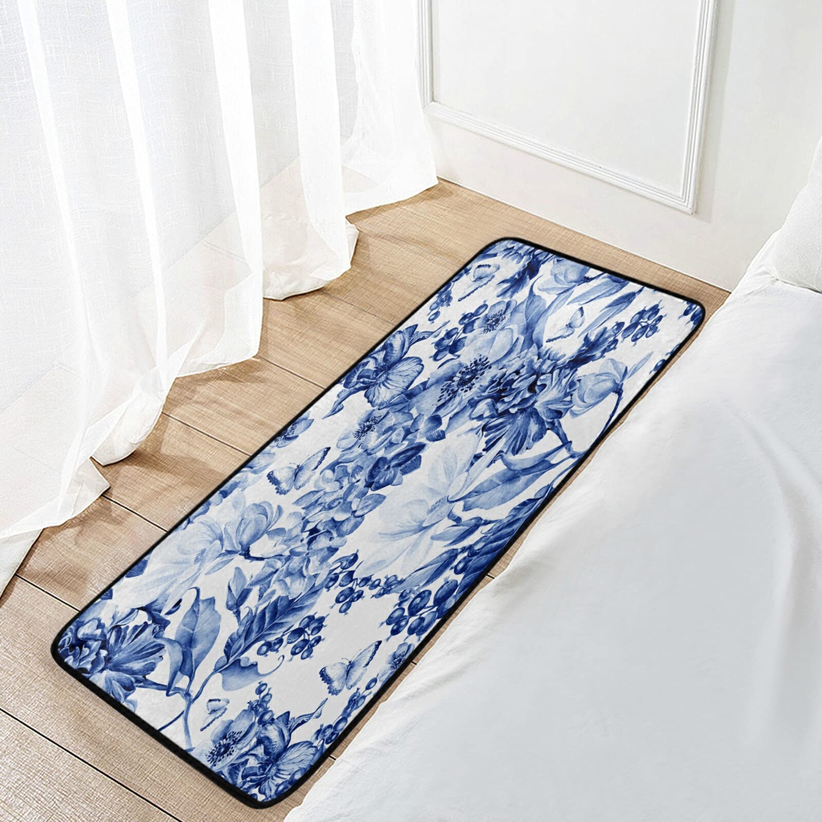 Non-Slip Washable Kitchen Rugs - Absorbent Blue Floral Mats for Sink Area, Farmhouse & Bathroom Use