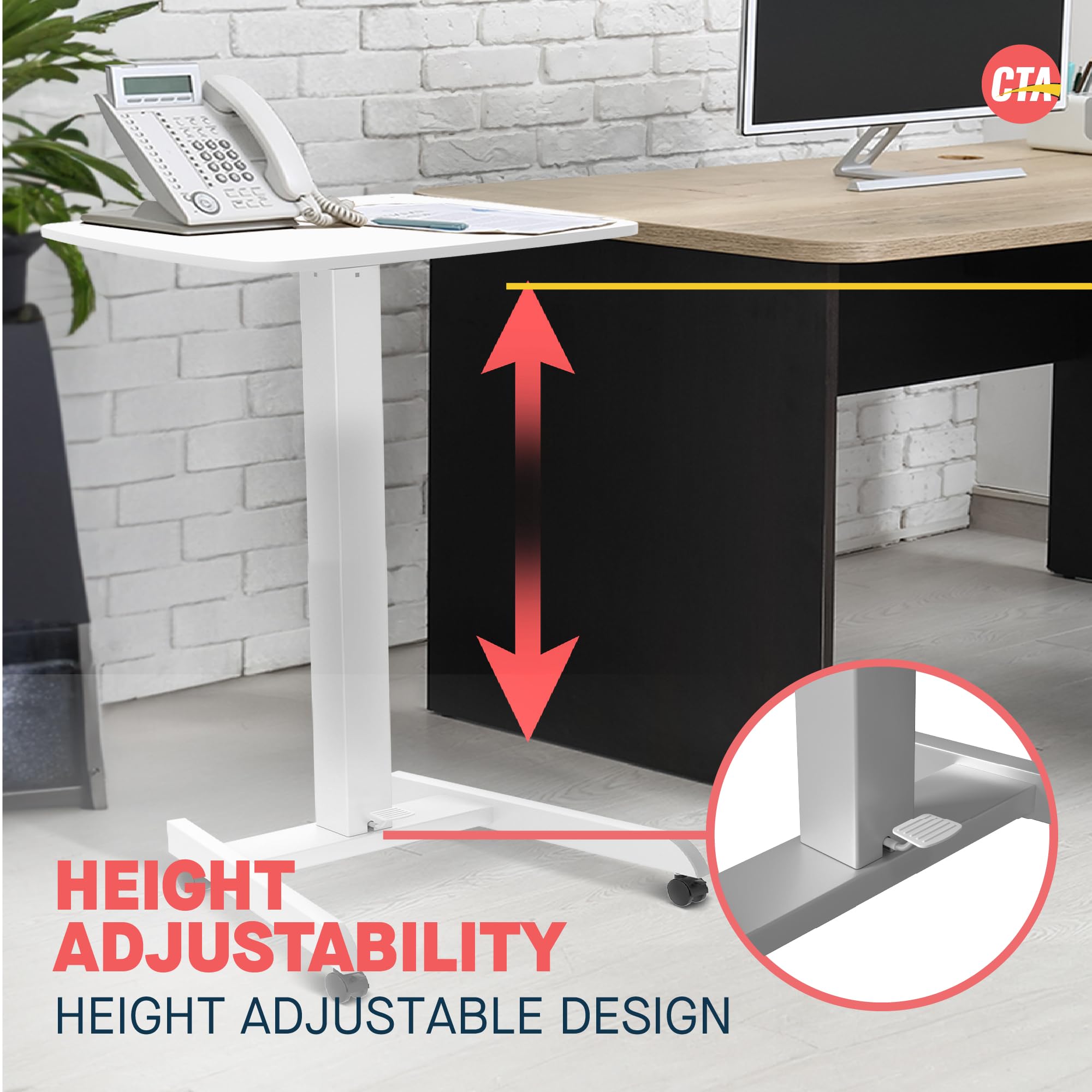 Adjustable Height Small White Standing Desk with Wheels - Portable Mobile Workstation for Laptop, Office, Medical, Teachers & Classroom Use - Perfect for Home Office, School & Healthcare Settings (PAD-ARLTD)