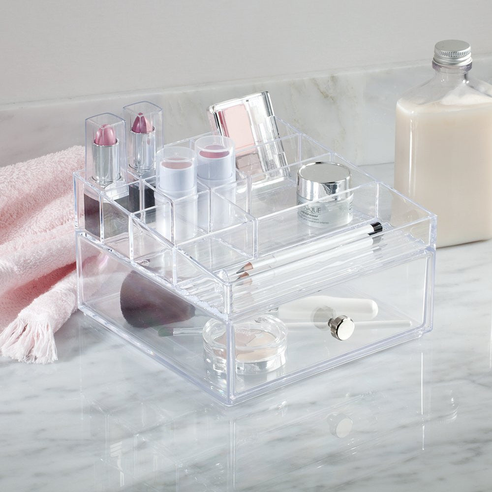 CLARITY Cosmetic Organizer with Drawer - Acrylic Makeup Storage Case for Vanity, Bathroom & Travel - Perfect for Lipsticks, Brushes & Skincare Products