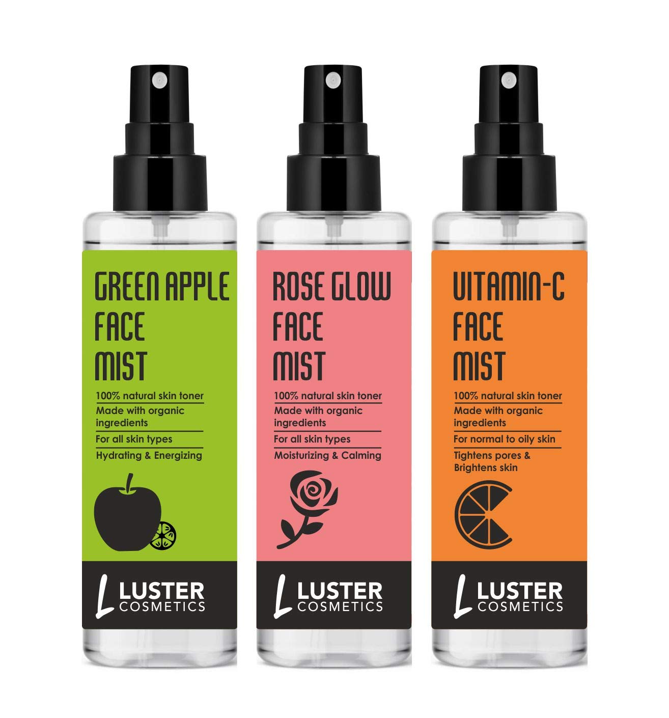 Luster Cosmetics Green Apple & Rose Glow Vitamin C Face Mist - Hydrating Skin Toner for Women & Men | Natural Ingredients, Paraben & Sulfate Free | 115ml (Pack of 3) | Perfect for Daily Skincare Routine, Travel & Post-Workout Refresh