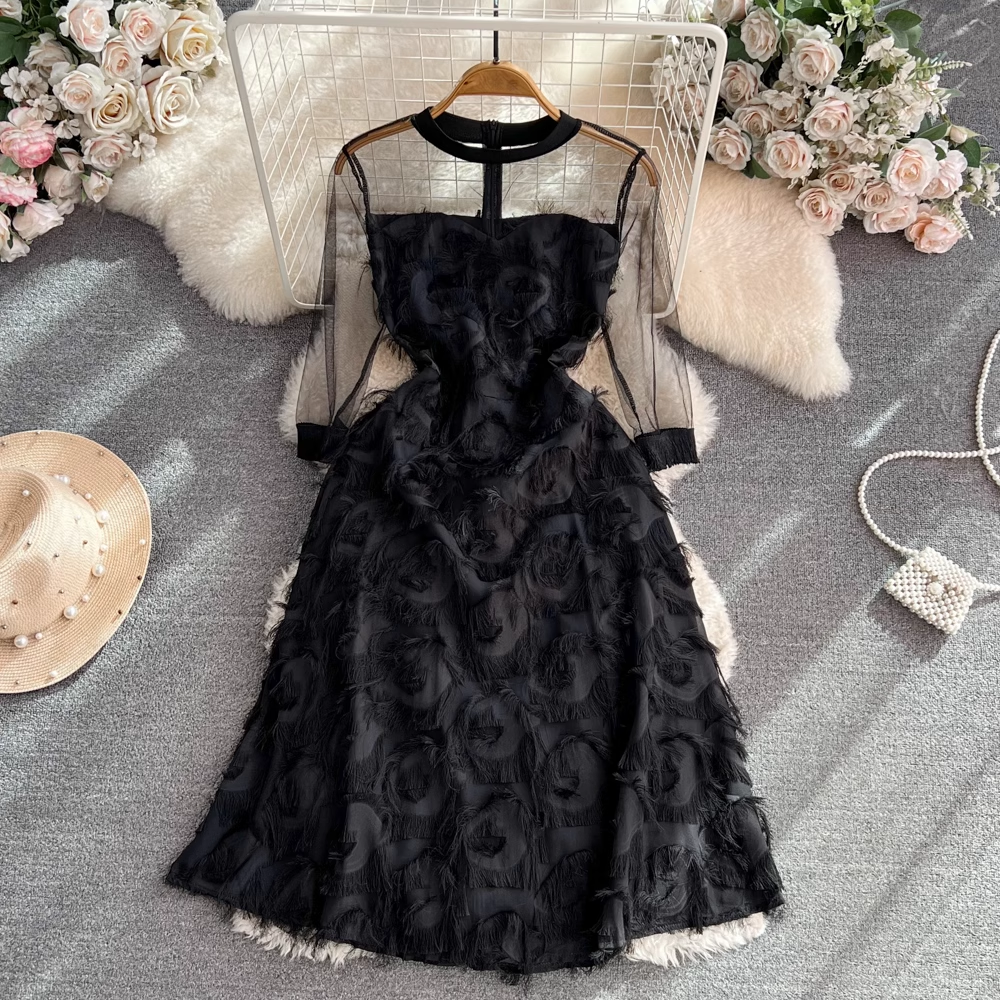 Elegant Long Sleeve Round Neck Mesh Midi A-Line Feather Fringe Dress 1553 - Perfect for Evening Parties, Date Nights & Special Occasions