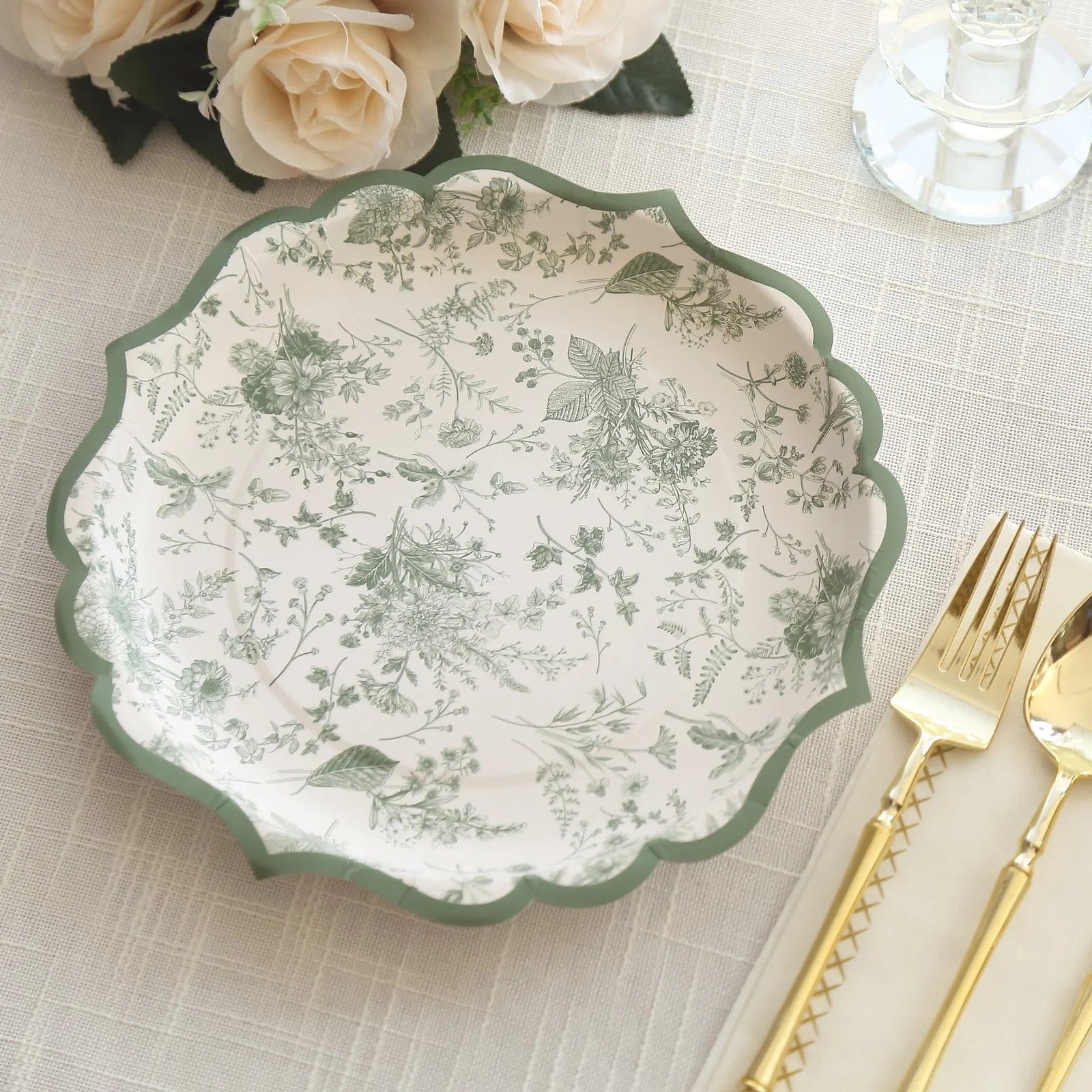 25-Pack White and Sage Green Floral Leaf Print Paper Plates with Scalloped Rim - Elegant Disposable Tableware for Weddings, Baby Showers & Garden Parties