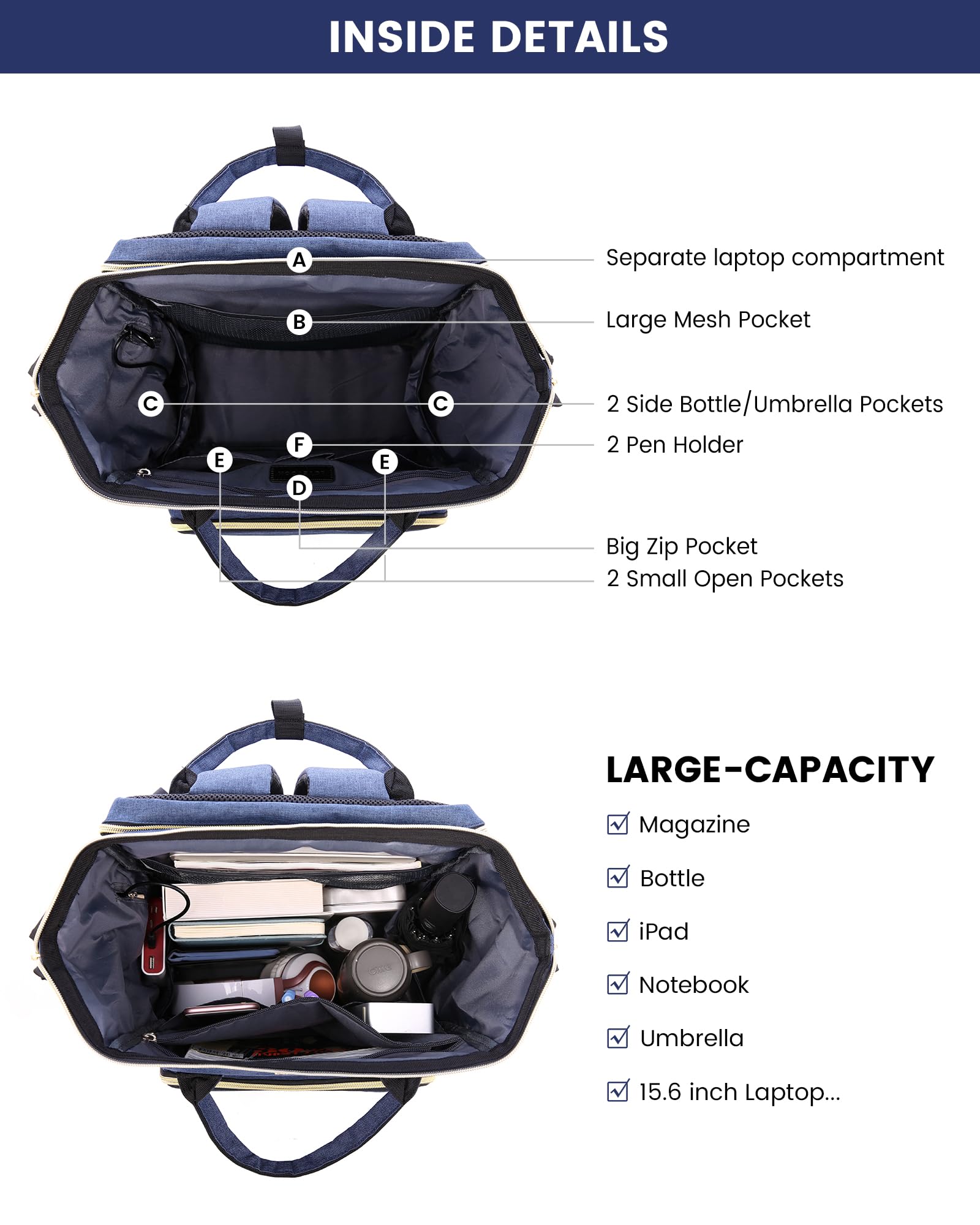 LOVEVOOK Women's 15.6 Inch Laptop Backpack - Water Resistant Anti-Theft Travel Backpack with USB Charging Port & Laptop Compartment - Perfect for Work, School, College, Business Trips & Commuting - Navy Blue