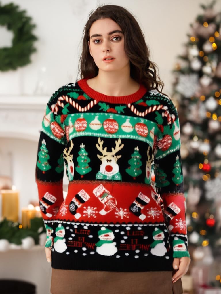 V28 Festive Ugly Christmas Sweater for Women - Merry Reindeer Print Knit Pullover | Holiday Party, Family Gathering & Office Christmas Outfit