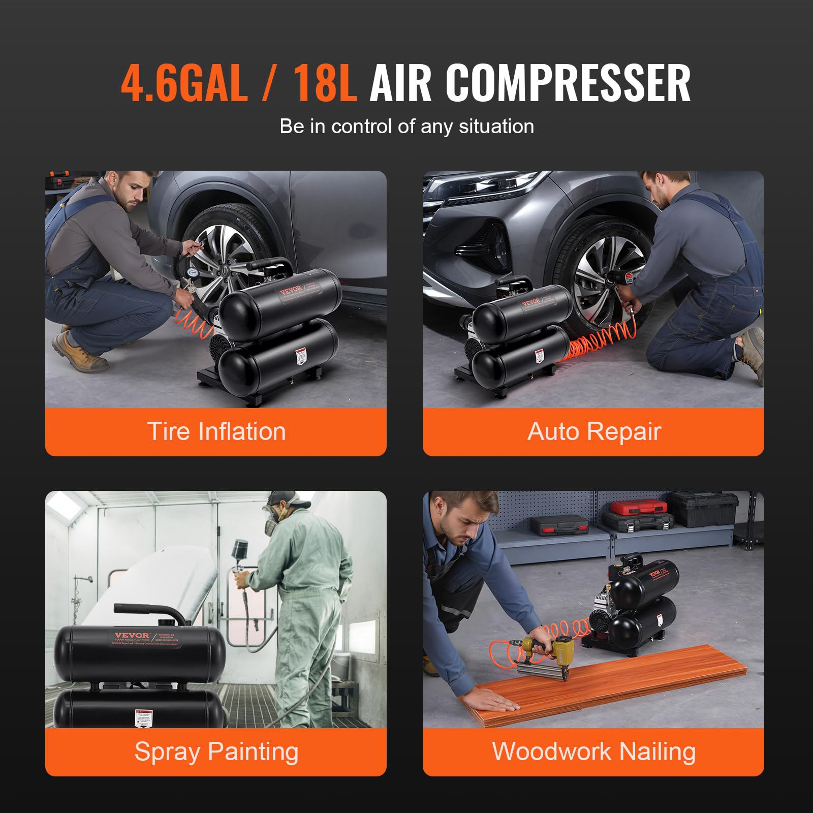 VEVOR 4.6 Gallon Oil-Free Air Compressor, 1HP 2.2CFM@90PSI with 120PSI Max Pressure, Ultra Quiet 80dB Portable Air Compressor for Auto Repair, Tire Inflation, Spray Painting, Nail Guns & Home DIY Projects - 120V Electric Air Pump