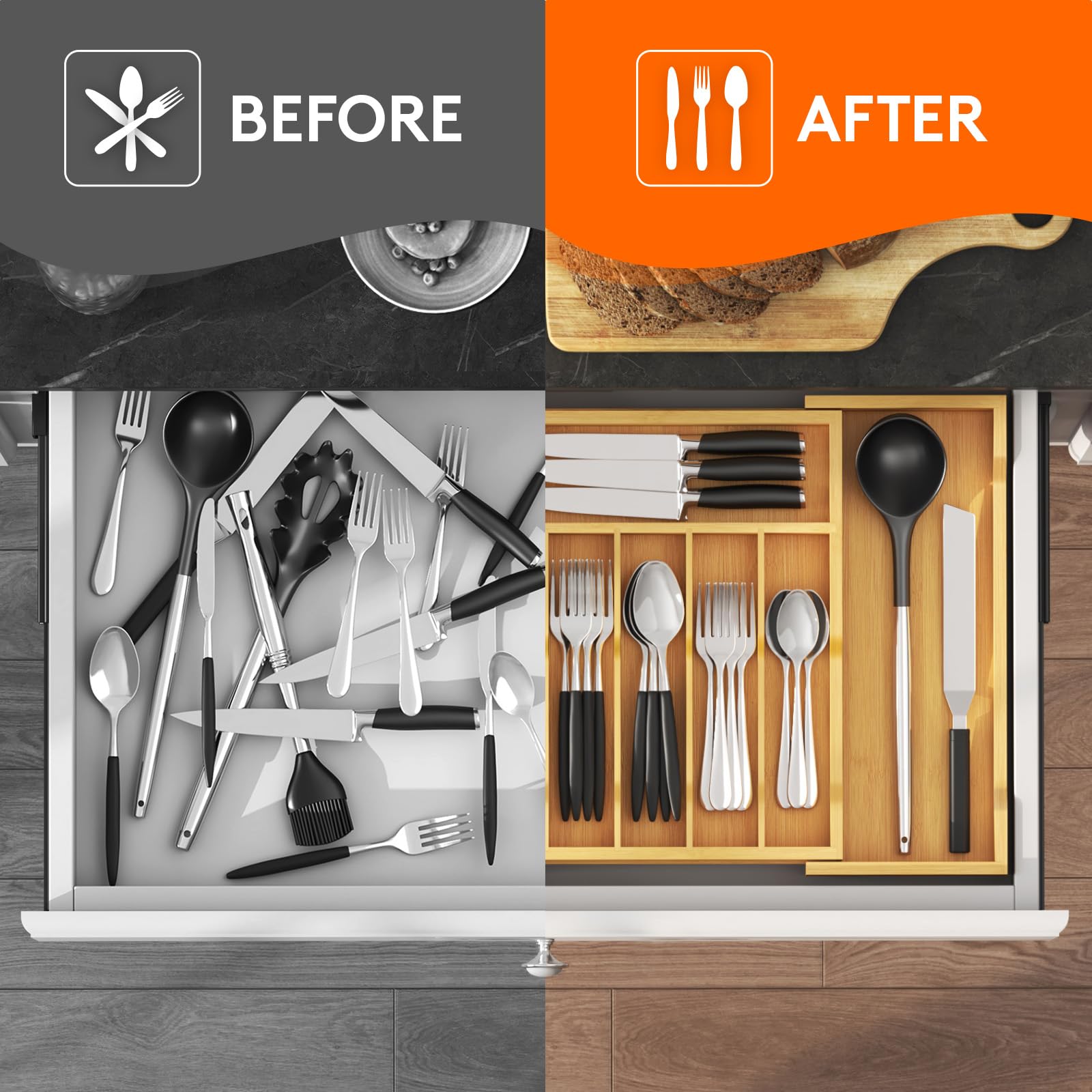 Expandable Bamboo Silverware Drawer Organizer - Adjustable Utensil Tray for Spoons, Forks & Knives - Natural Wood Kitchen Storage for Flatware & Cutlery | Perfect for Kitchen Organization, Dining Room Storage & Utensil Management