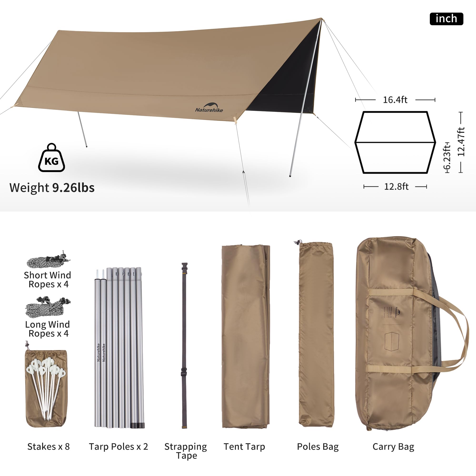 Naturehike Waterproof Camping Tent Tarp with Poles - PU 18000mm+ Rainproof, UV Protection UPF2000+ Sun Shelter - Lightweight Outdoor Canopy for Camping, Hiking, Beach, Picnic & Backyard Parties (16.4x12.5ft) CNK2350WS015