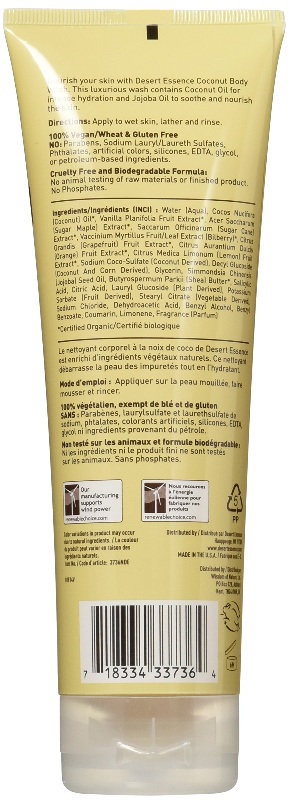 Desert Essence Coconut Body Wash 8 fl. oz - Gluten Free, Vegan, Cruelty Free Hydrating Body Wash with Coconut Oil & Jojoba Oil for Moisturized Skin | Perfect for Dry Skin Care & Daily Shower Routine