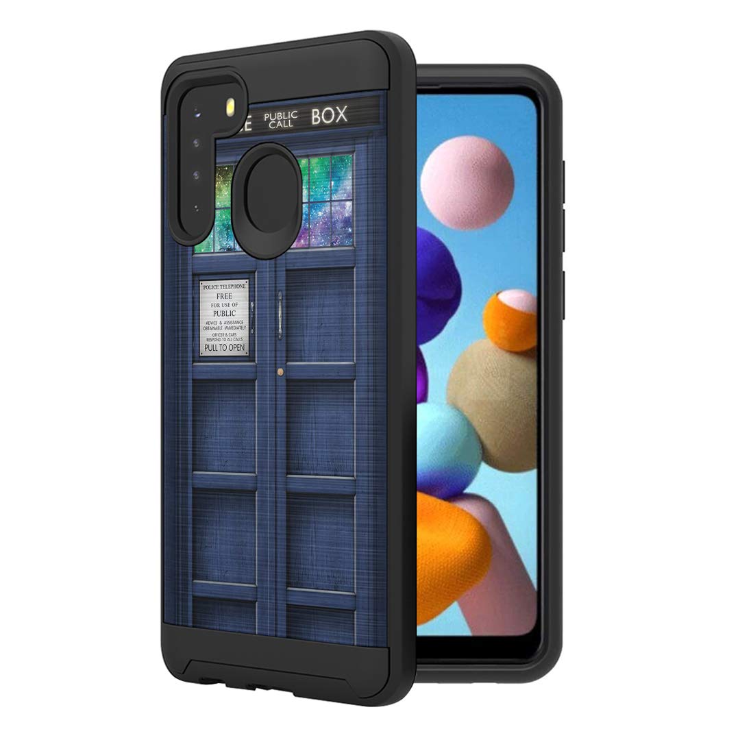 Galaxy A21 Case - Shockproof Hybrid Cover for Samsung A21 SM-A215U | Cute Brushed Texture Design for Men & Women | Blue Tardis Phone Booth Style