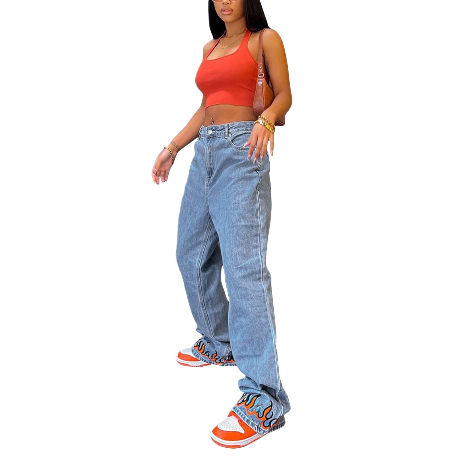 FOMOYUU Women's High Waist Loose Fit Printed Jeans - Y2K Vintage Straight Leg Wide Pants for Streetwear Fashion | Casual Outfit, Party Wear, Daily Comfort