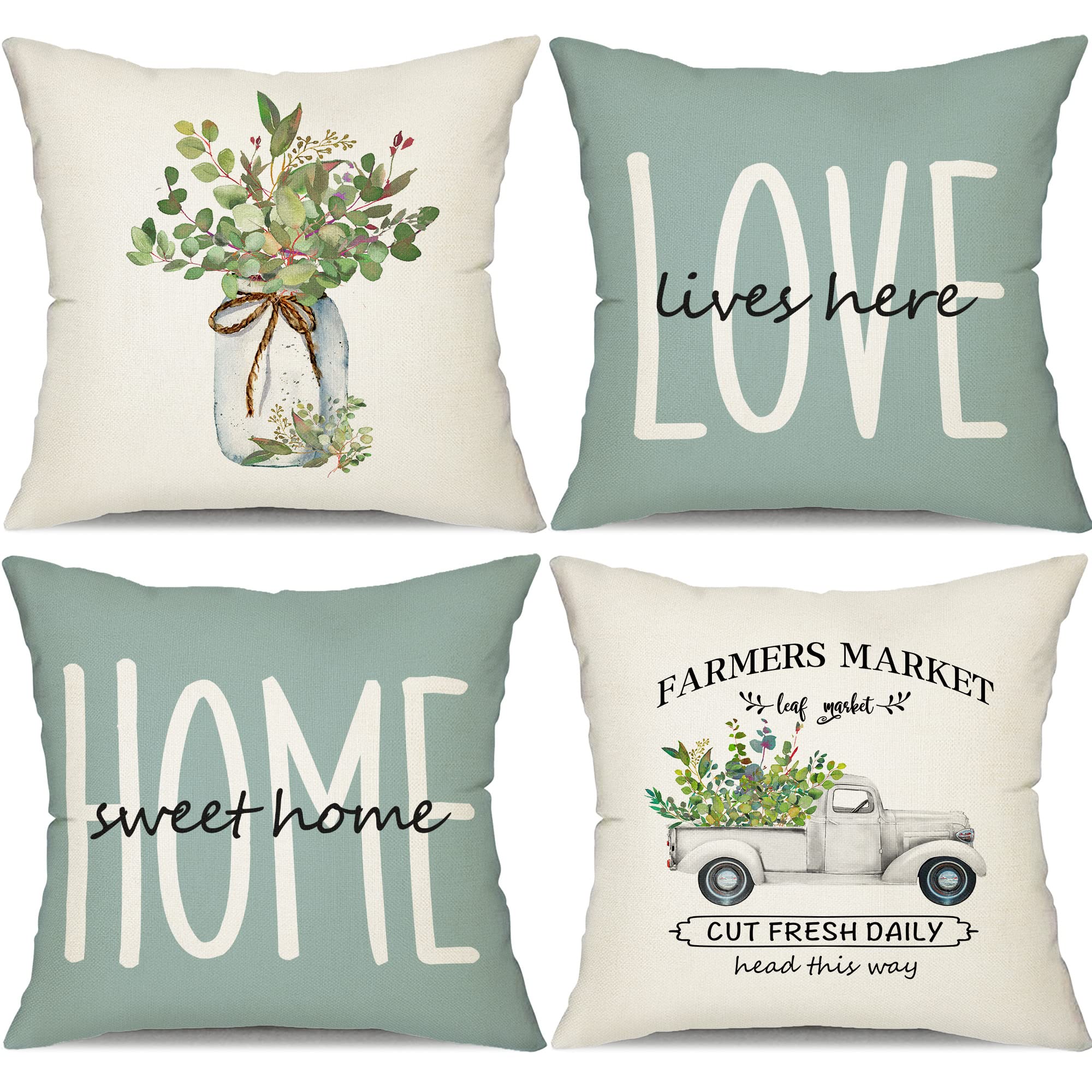 Farmhouse Pillow Covers 20x20 Set of 4 - Eucalyptus Leaves Decor Linen Cushion Cases for Sofa, Bed & Home Decor - Rustic Home Sweet Home Throw Pillow Covers - Perfect for Living Room, Bedroom & Cozy Farmhouse Style