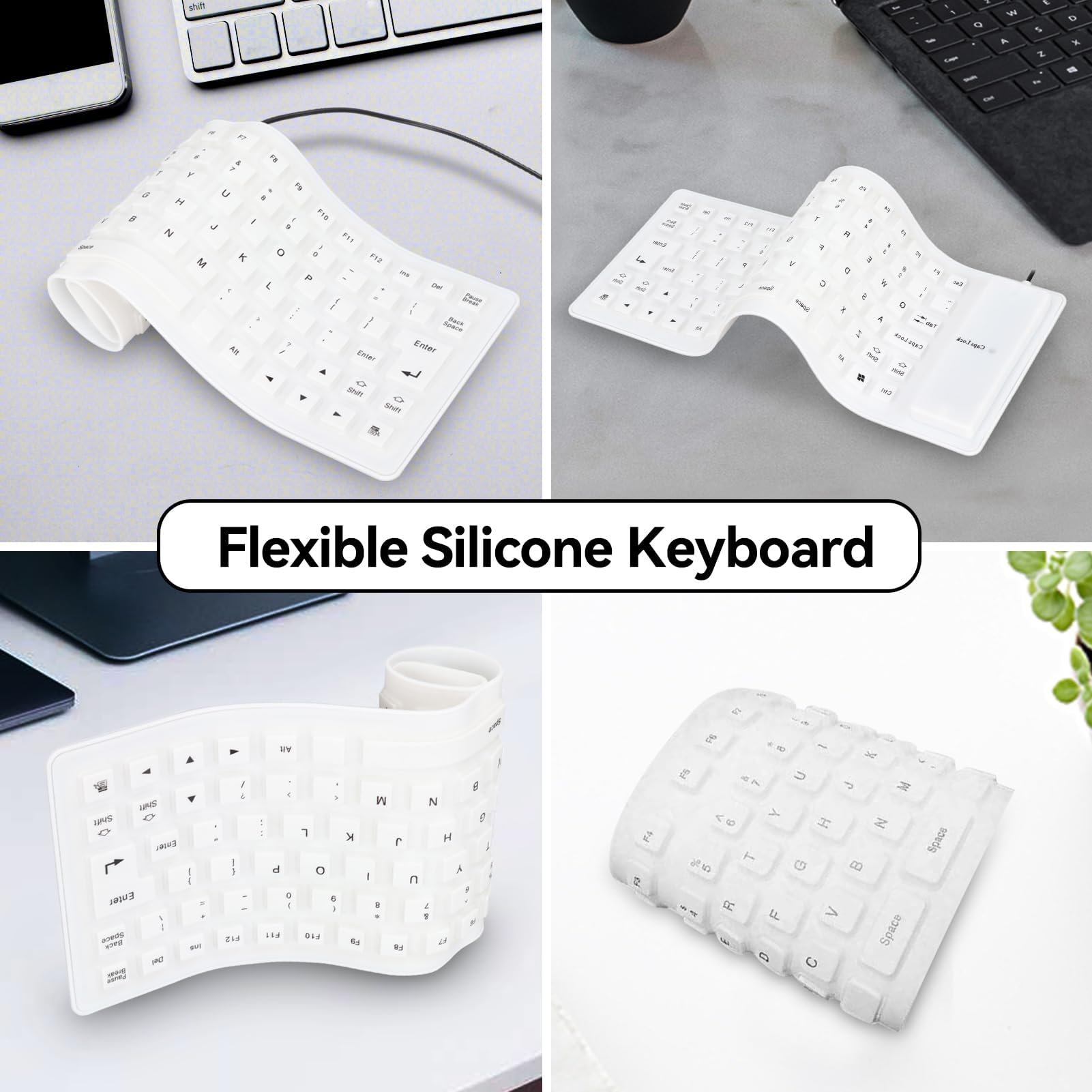 Foldable Silicone USB Keyboard 85 Keys - Waterproof, Silent & Soft Flexible Wired Keyboard for Laptop, PC, Mac - Perfect for Office, Travel & Home Use (White)