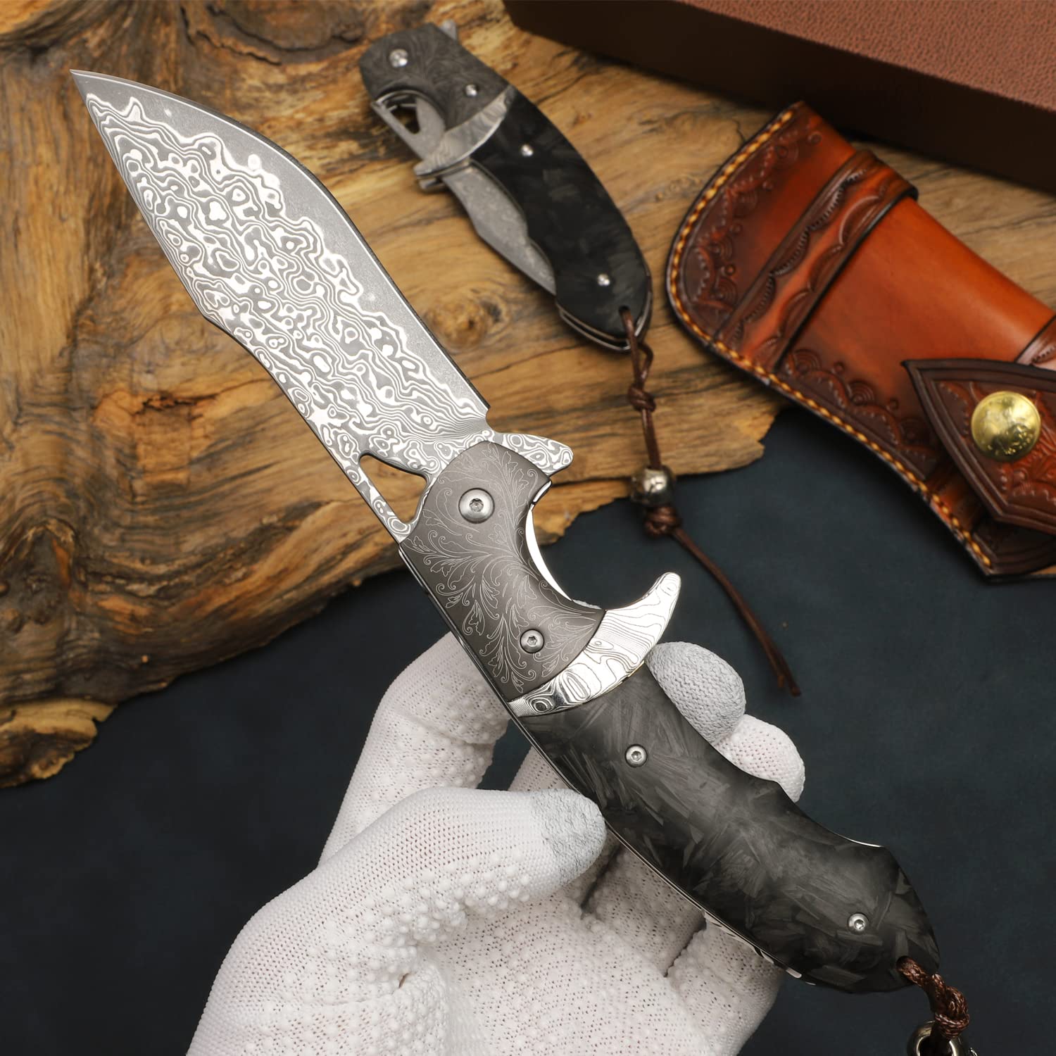 Premium Handmade Damascus Steel Folding Knife with Leather Case - 3.8 Inch VG10 Steel Core Blade, Steel Ball Bearings & Carbon Fiber Handle - Tactical Pocket Knife for Hiking, Camping, Outdoor Survival & Everyday Carry (EDC)