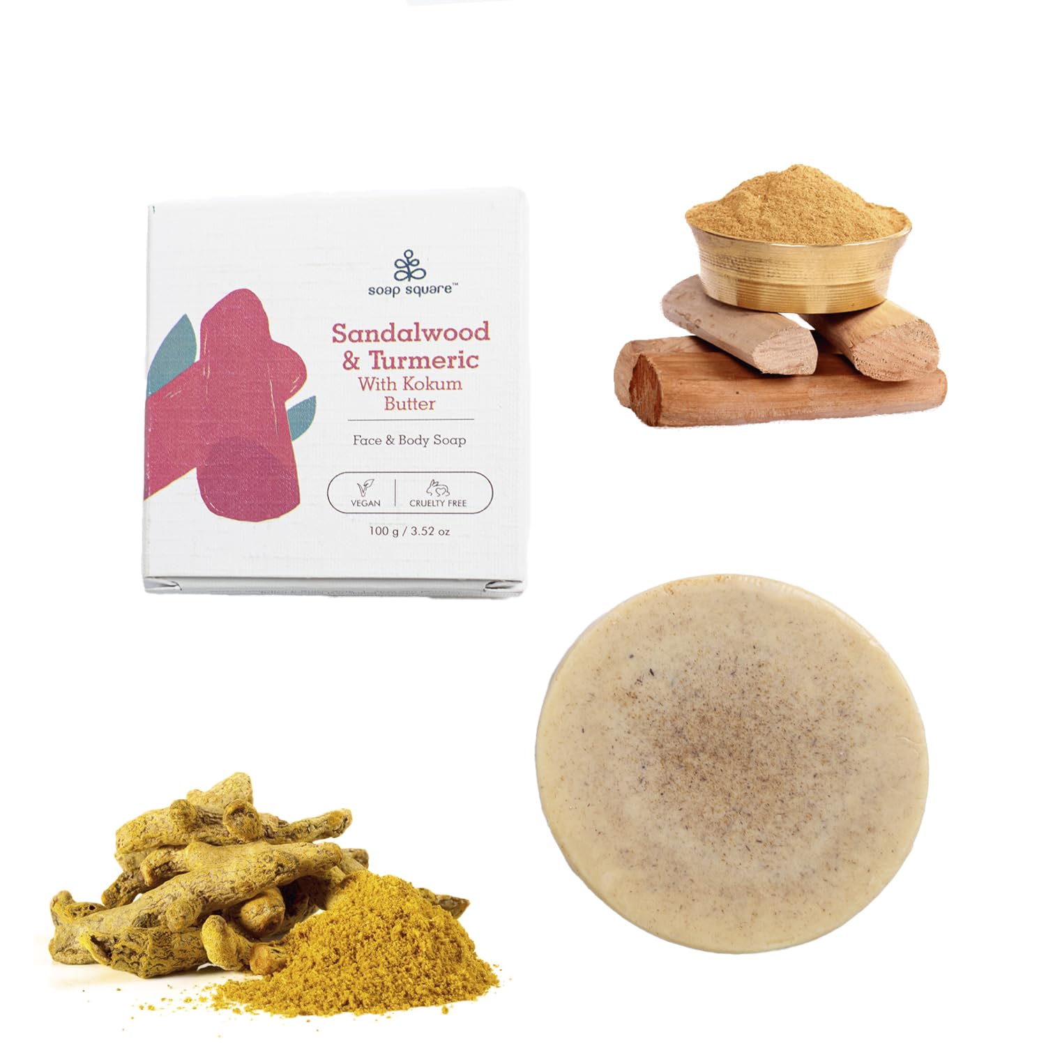 Organic Sandalwood & Turmeric Soap with Kokum Butter - SLS Free, Paraben Free, Cruelty-Free, Vegan, Handmade in India (100g) - Perfect for Sensitive Skin Care & Natural Gift Sets