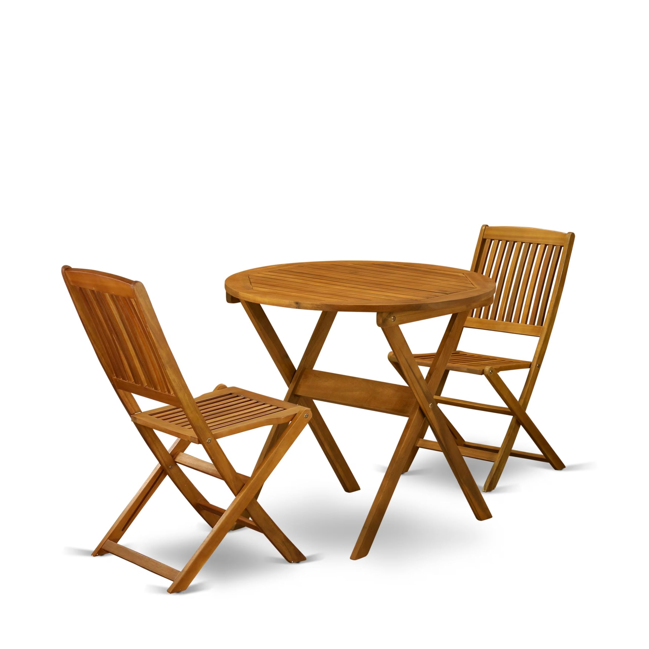 East West Furniture MNCM3CWNA Marion 3-Piece Patio Bistro Set - Round Outdoor Acacia Wood Coffee Table & 2 Folding Chairs, 30x30 Inch, Natural Oil Finish - Perfect for Backyard, Garden, Balcony, or Poolside Relaxation