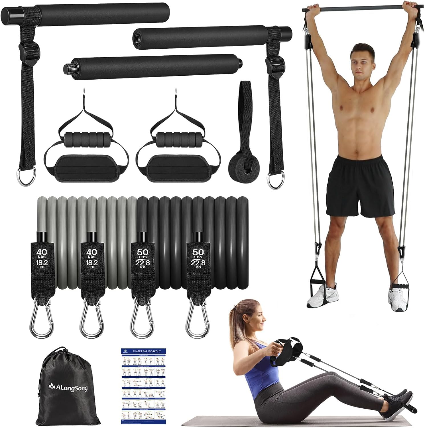 Upgraded Pilates Bar Kit with Resistance Bands - Natural Latex Fitness Equipment for Women & Men - Heavy-Duty Stainless Steel Yoga Stick for Home Gym - Full Body Workout for Strength Training, Toning & Flexibility - Perfect for Pilates, Yoga & Home Exercise Routines
