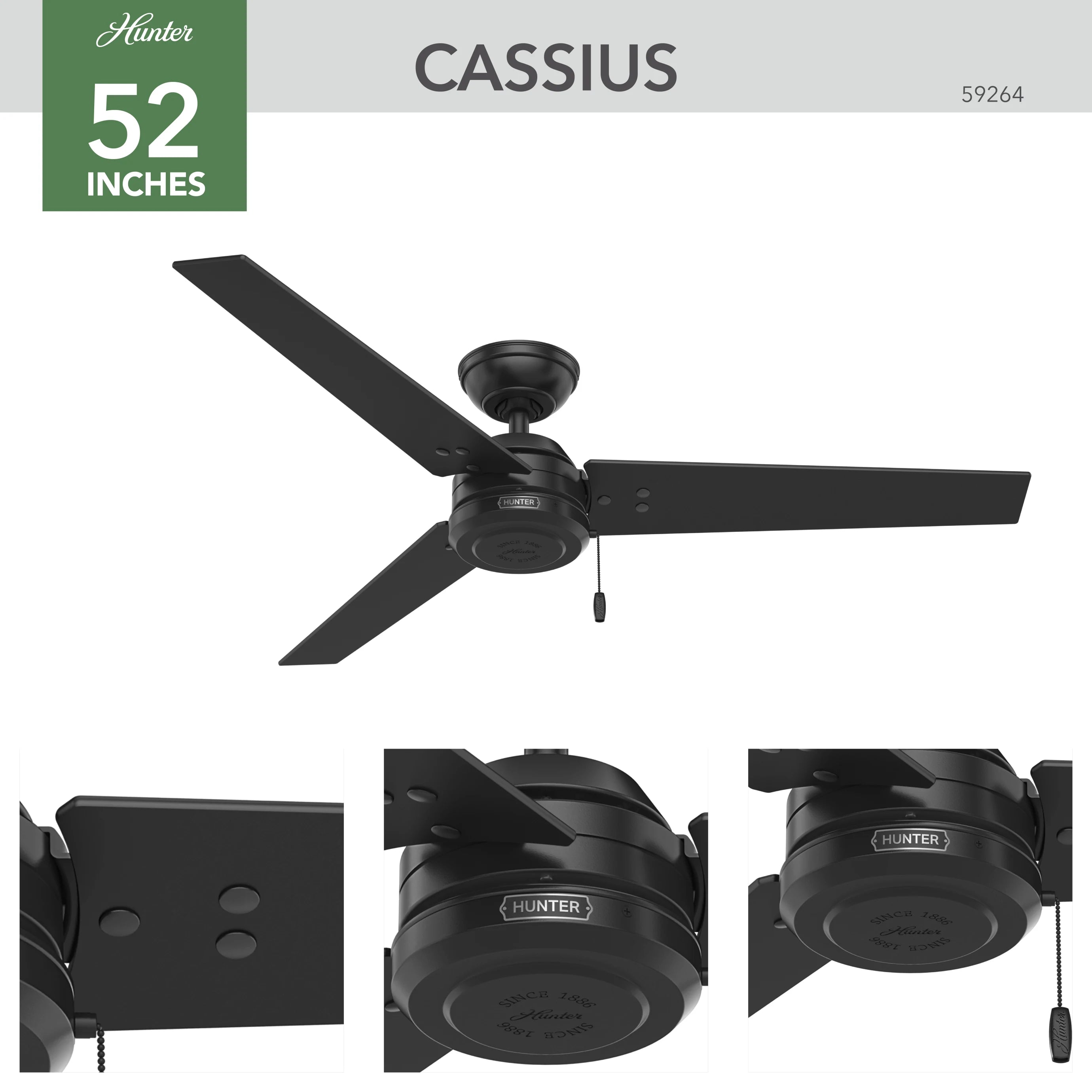 Hunter 52 Inch Cassius Matte Black Outdoor Ceiling Fan with LED Light - Damp Rated for Patio, Porch, Deck & Backyard - Energy Efficient & Quiet DC Motor - Modern Matte Black Finish