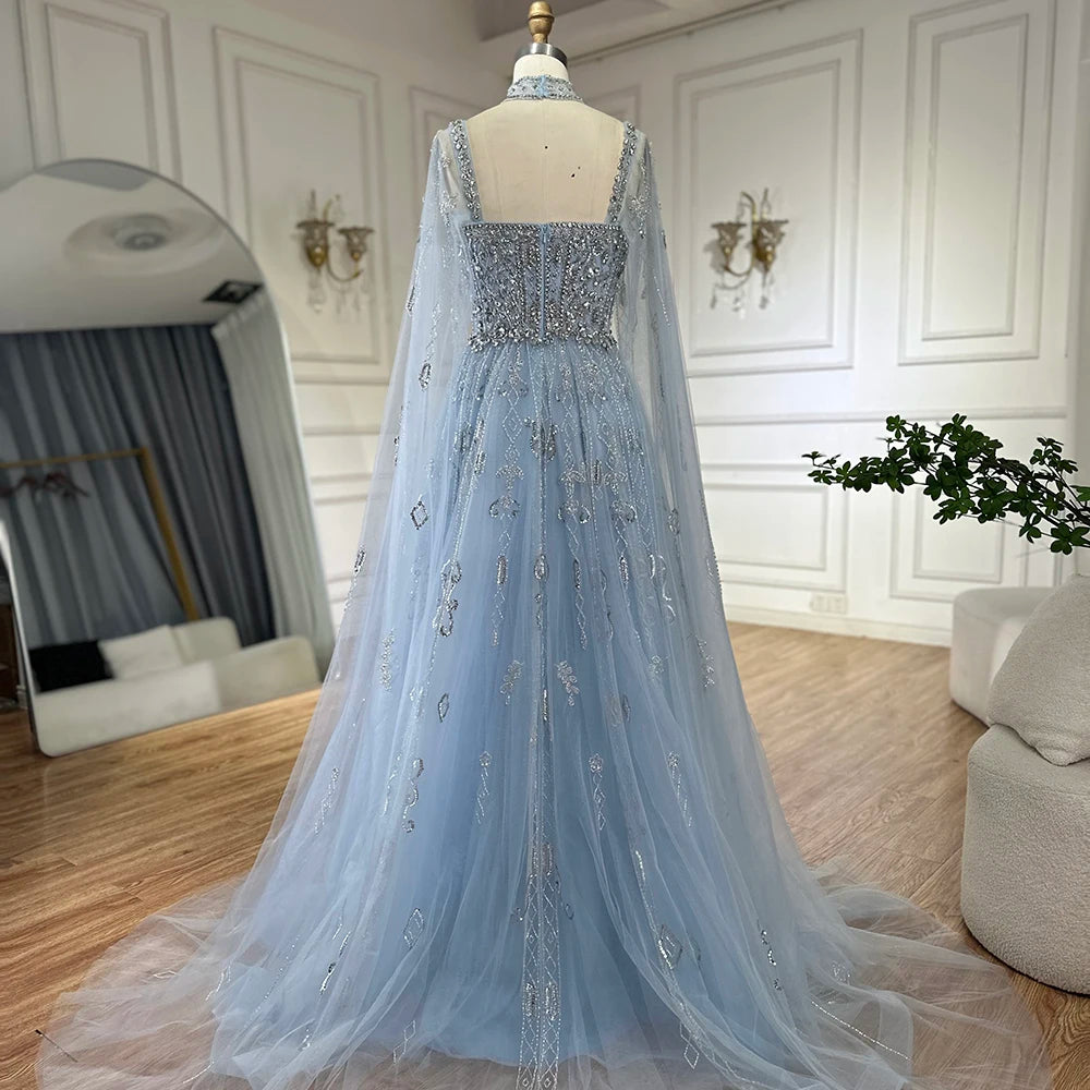 Luxury Dubai Arabic Nude A-Line Cape Sleeve Crystal Beaded Evening Gown for Women - Saudi Formal Dress LA72764 | Wedding, Prom, Gala & Special Occasions