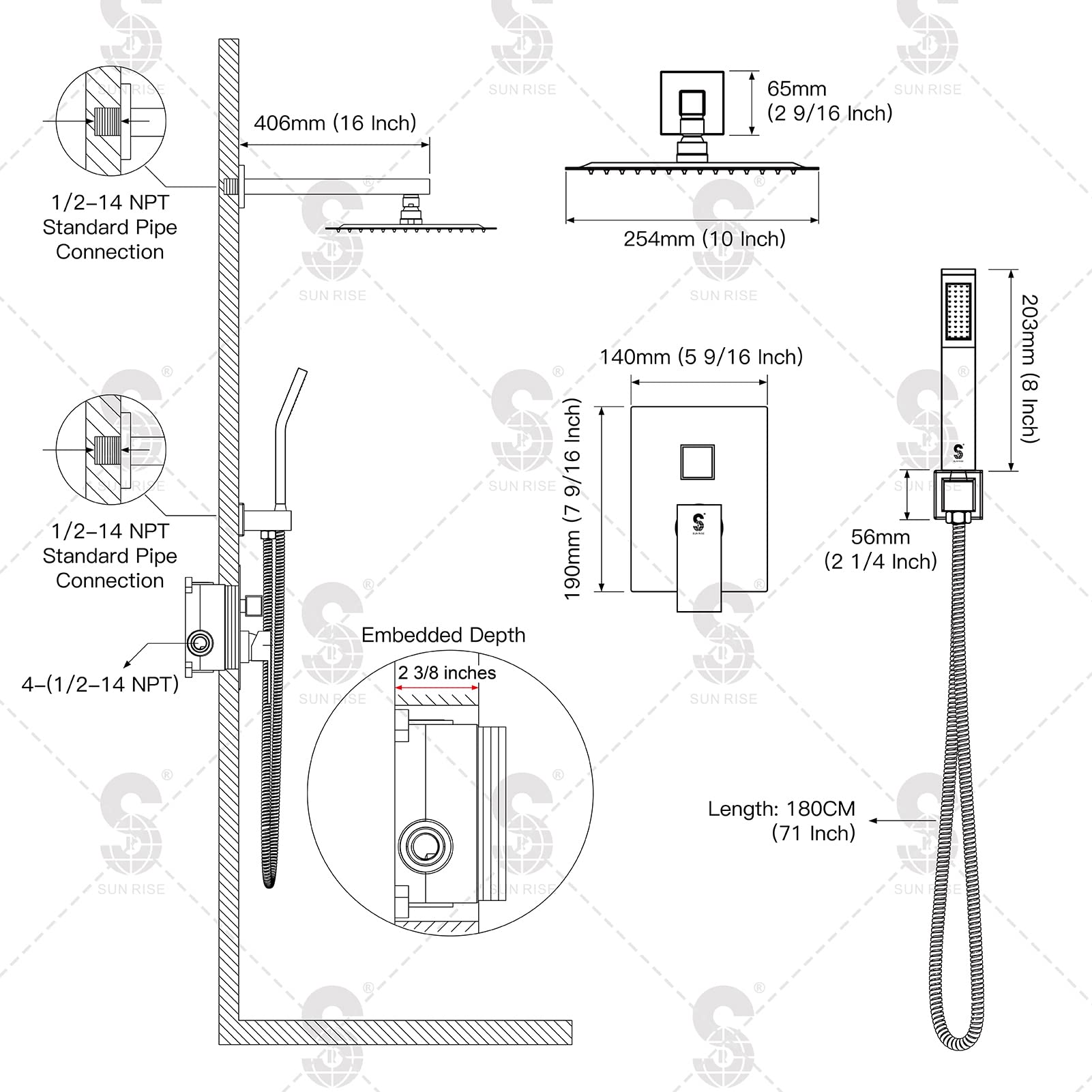 SR SUN RISE 10 Inch Matte Black Wall Mount Shower System Set with Rough-in Valve & Trim Kit - Complete Bathroom Fixture for Modern Home Renovation