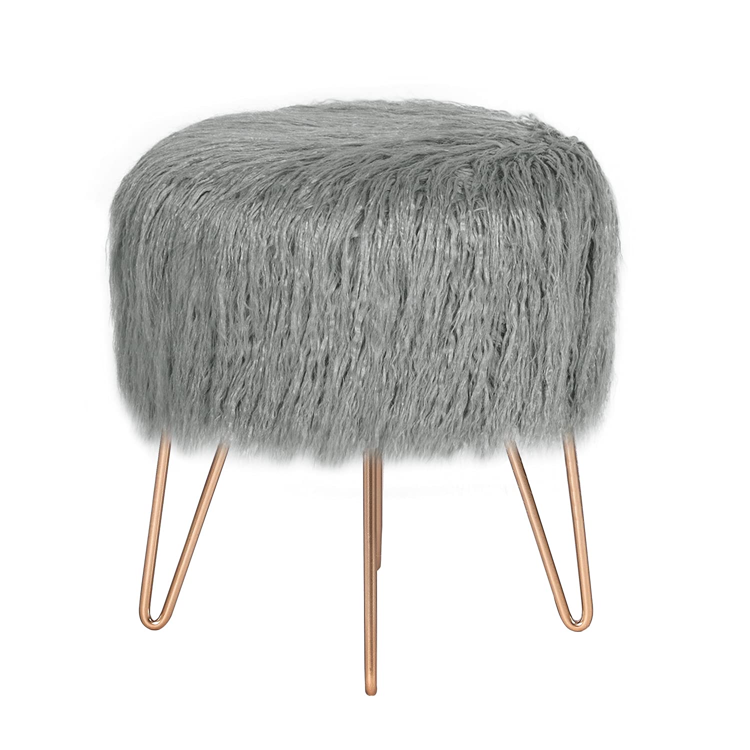 Gray Faux Fur Round Ottoman with Metal Legs - Soft Footrest Stool for Bedroom, Living Room & Nursery | Perfect for Lounging, Reading Nook & Home Decor