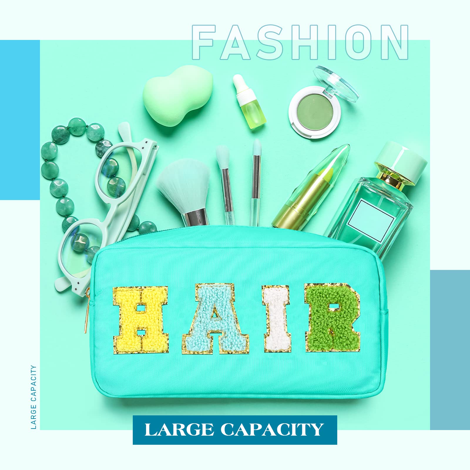 4-Piece Preppy Makeup Bag Set - Chenille Letter Nylon Cosmetic Organizer with Zipper, Toiletry Case & Makeup Pouch for Women & Teens - Bright Color Collection - Perfect for Travel, School & Daily Beauty Storage